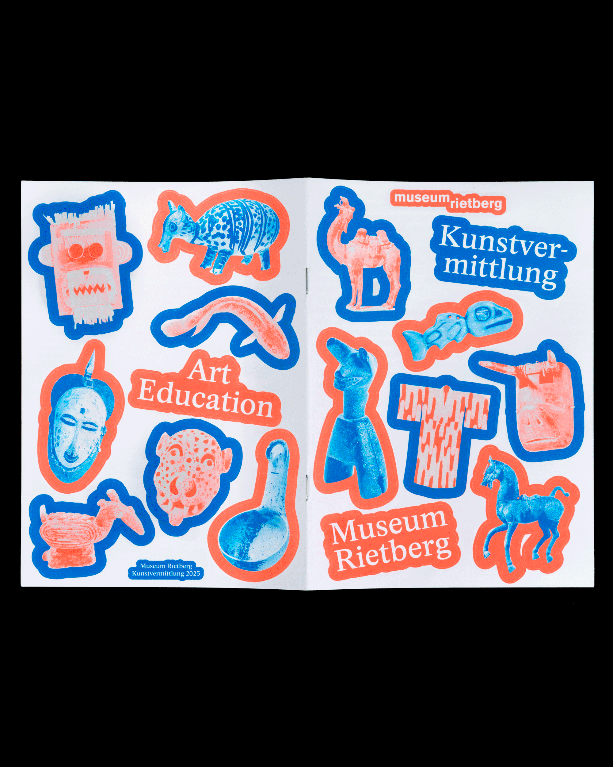 Cover of a booklet with blue and orange outlined images of various animal and mask sculptures surrounding text reading 'Art Education', 'Museum Rietberg', 'Kunstvermittlung', and 'museum rietberg'.