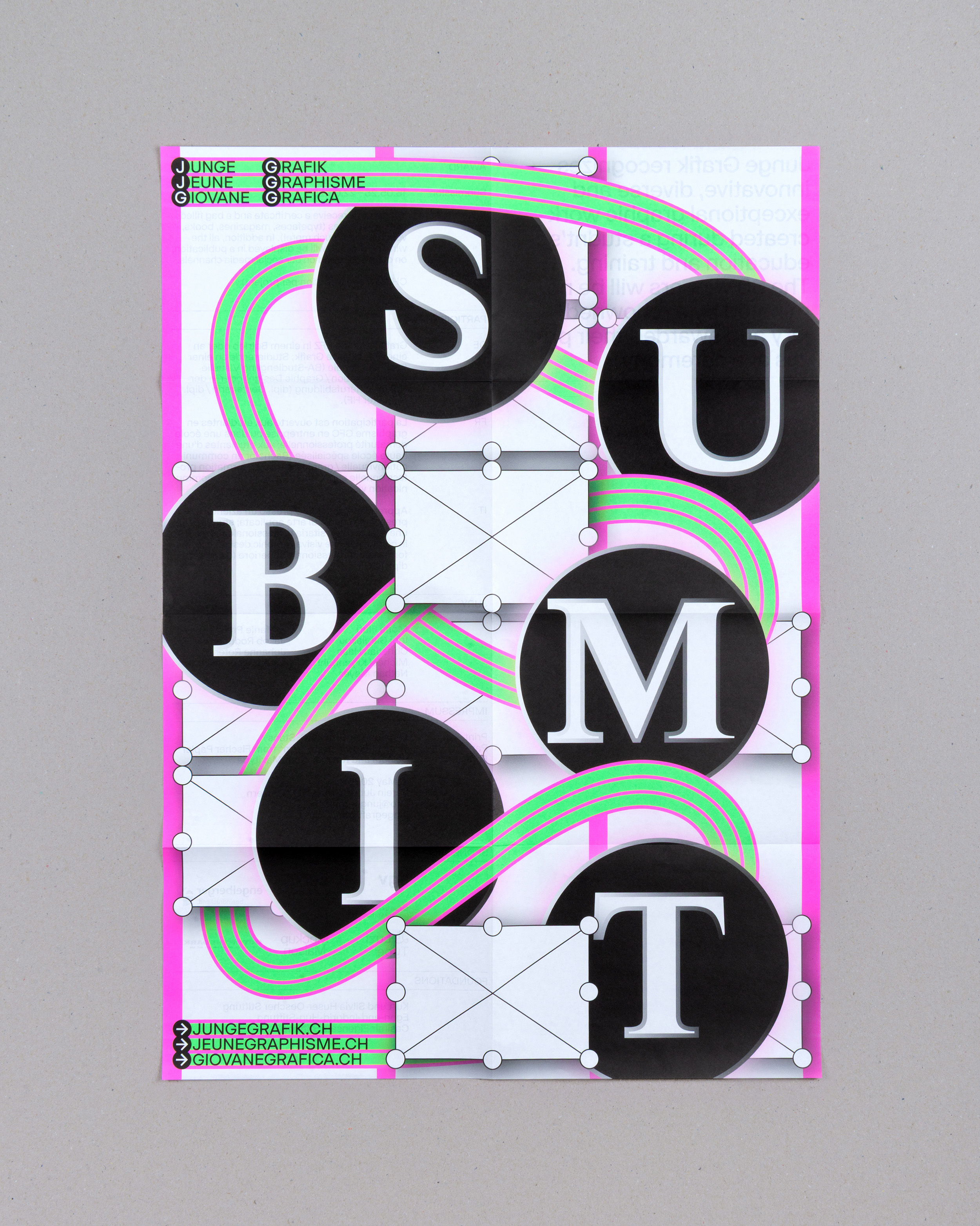 Graphic poster with large black circles containing white letters S, U, B, M, I, T connected by vibrant green and pink curved lines on a light gray background.