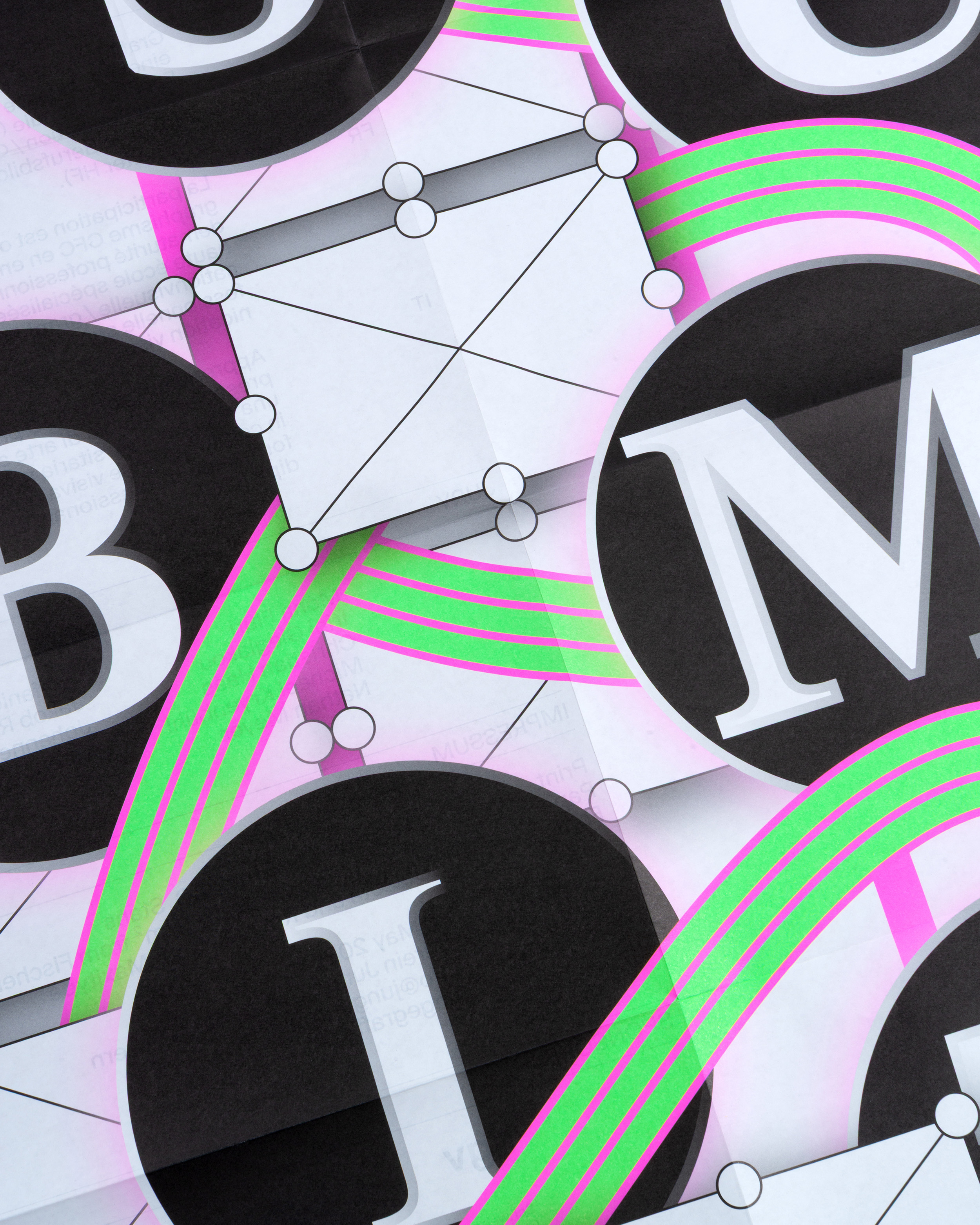 Close up of the Junge Grafik Submission Flyer featuring large black circles with white letters B, I, and M connected by neon green and pink curved lines with gray geometric shapes.