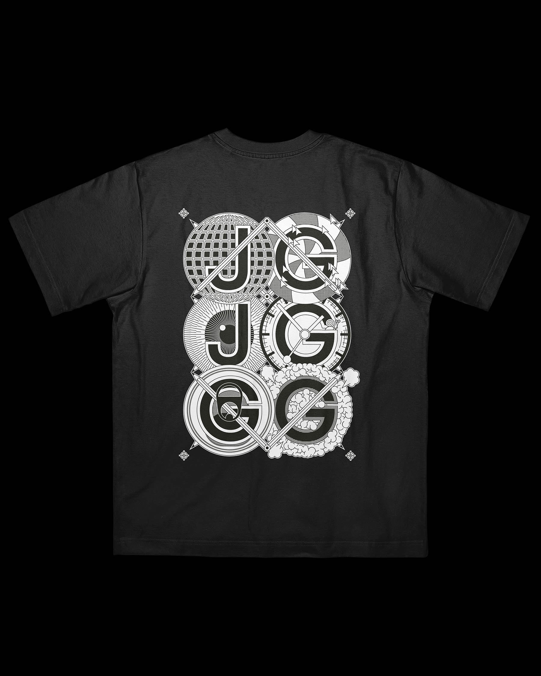 Black t-shirt with a white geometric graphic on the back featuring six interconnected circles containing stylized letters J and G with different patterns and designs.
