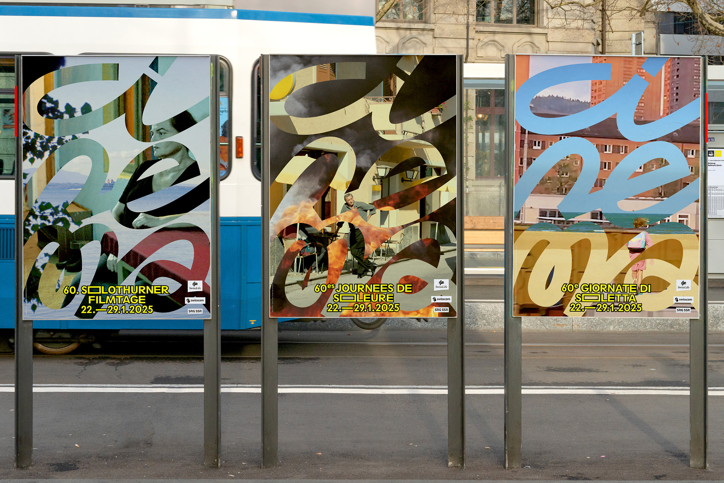 Three outdoor posters with stylized text overlaying images of a woman by a lake, a man near flames outside a building, and a person waiting at a bus stop, promoting the 60th Solothurn Film Festival from January 22 to 29, 2025.