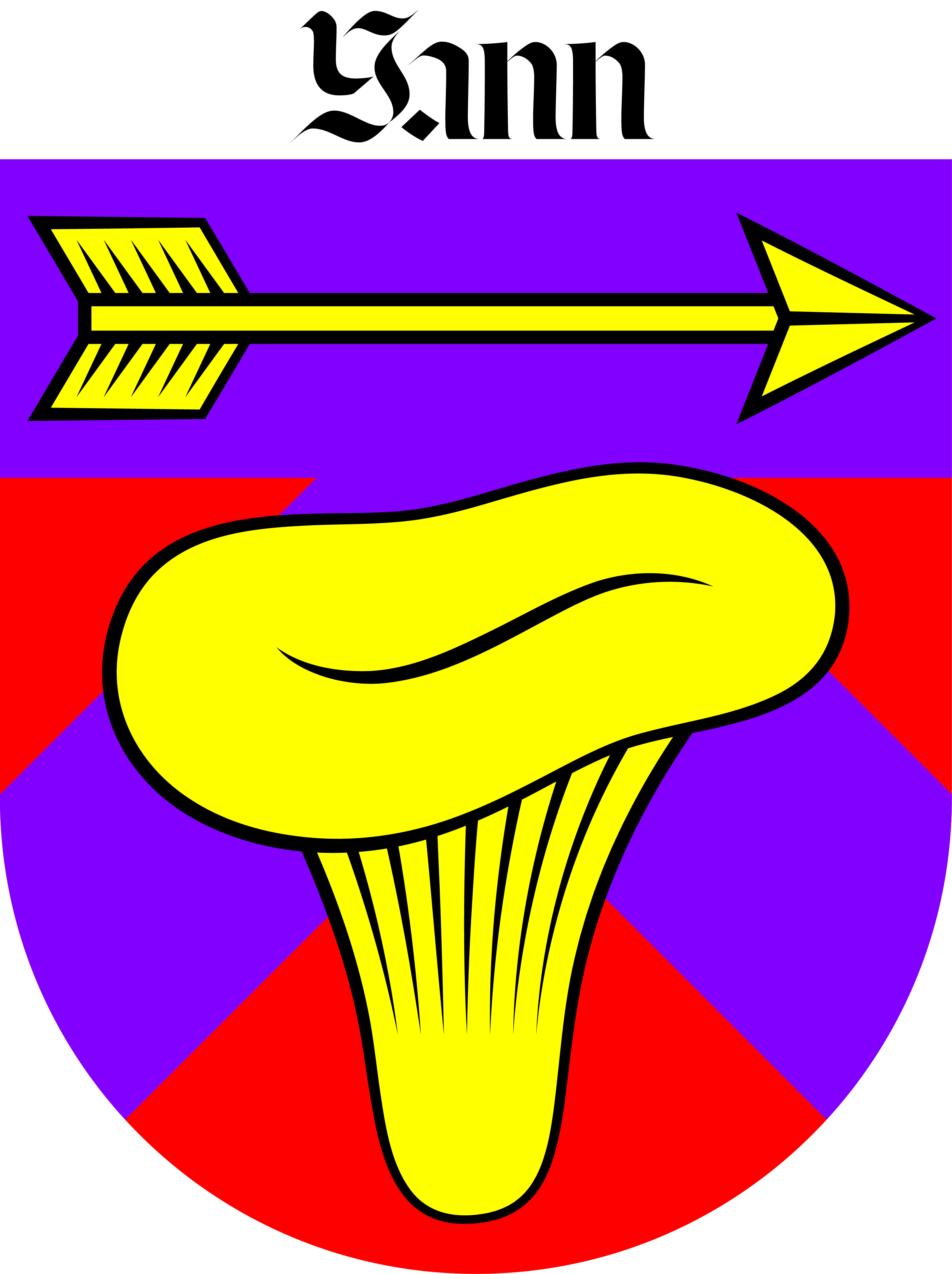Coat of arms with a yellow arrow on a purple band above a yellow mushroom on a red and purple shield, topped with black Gothic text reading 'Zann'.