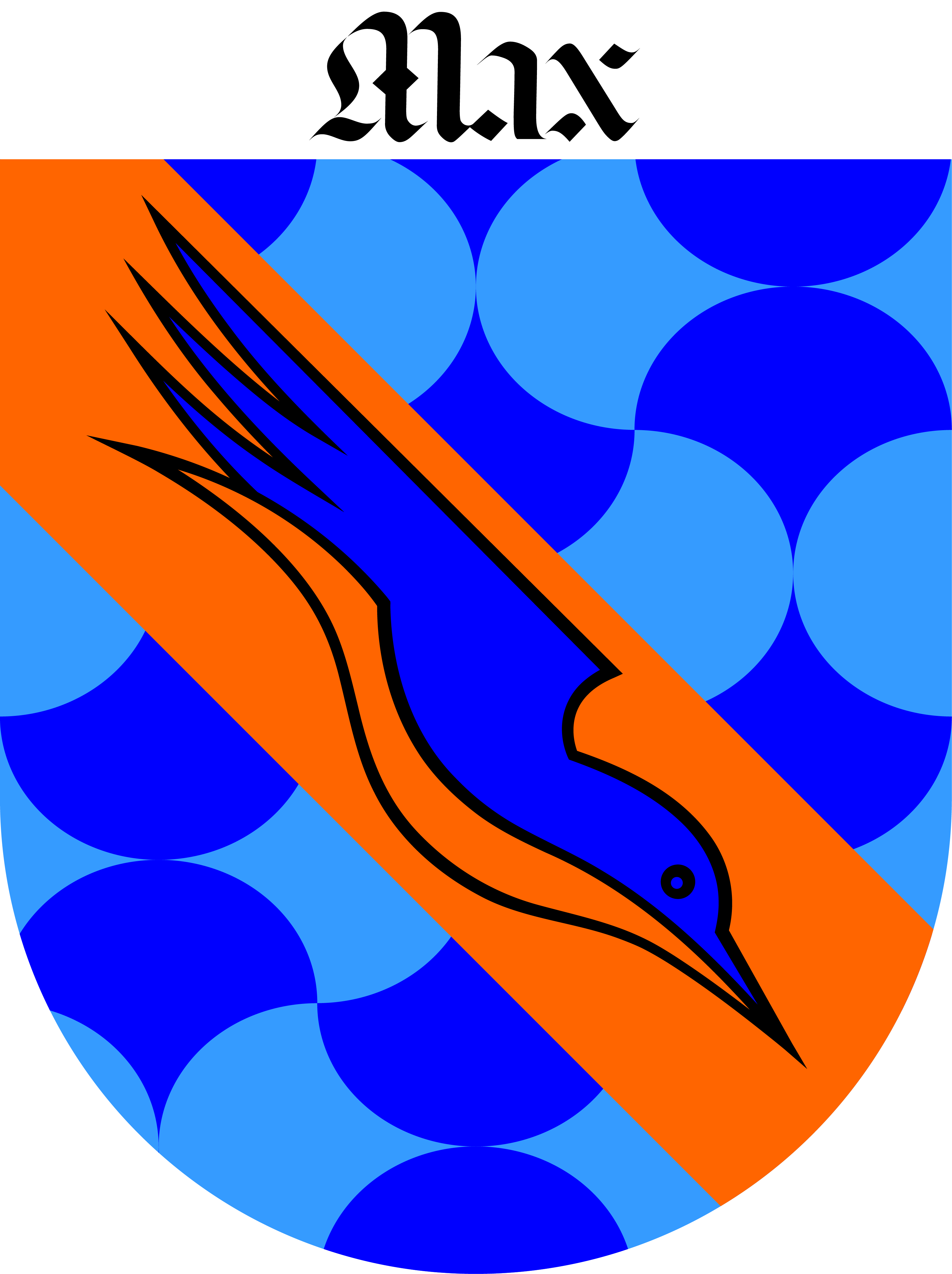 Shield with blue and light blue circular pattern background, an orange diagonal band, and a stylized blue bird outlined in black on the band.