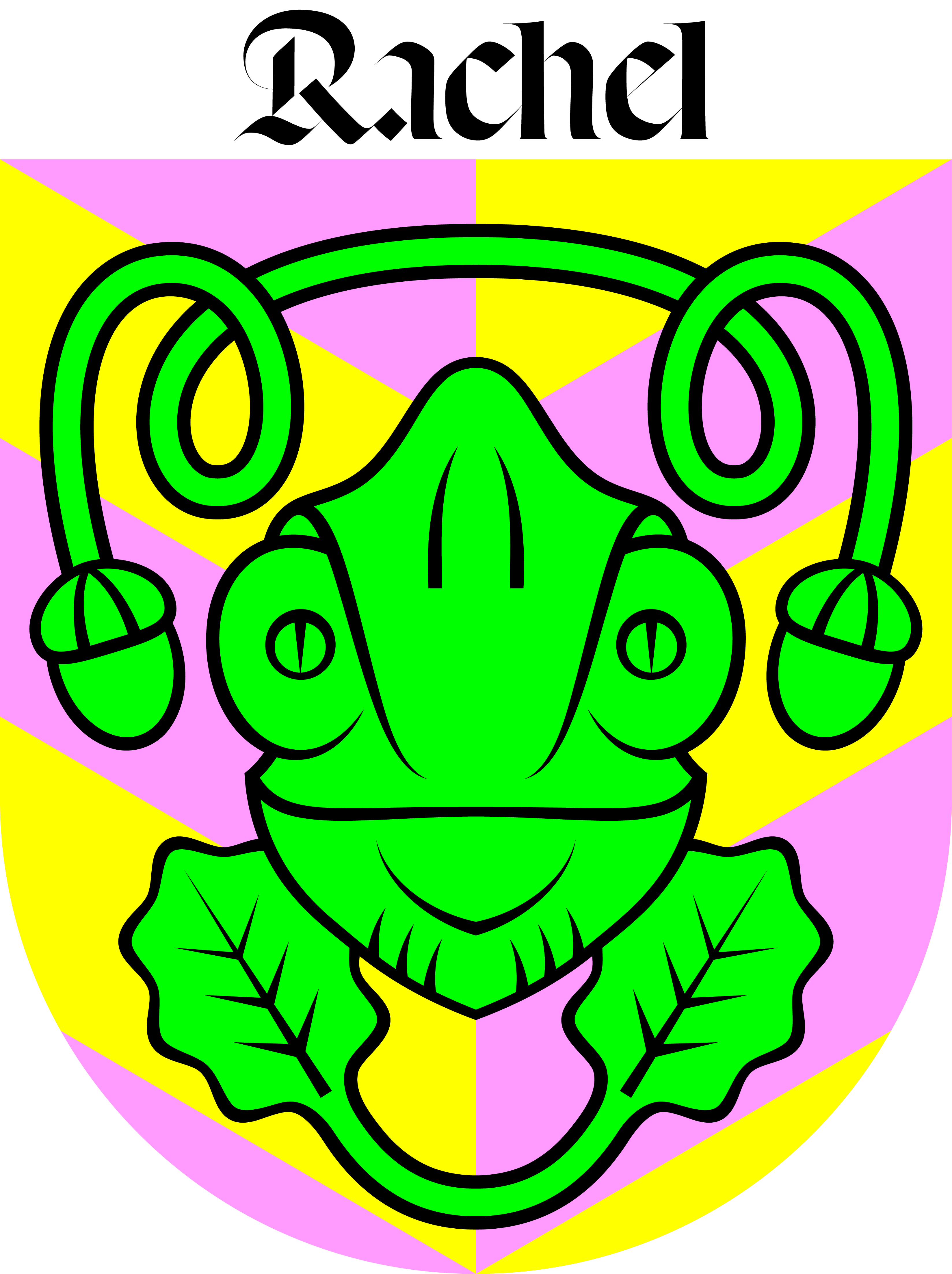 Coat of arms featuring a green frog with curled antennae and two leaves on a yellow and pink chevron background, with the text 'Rachel' above.