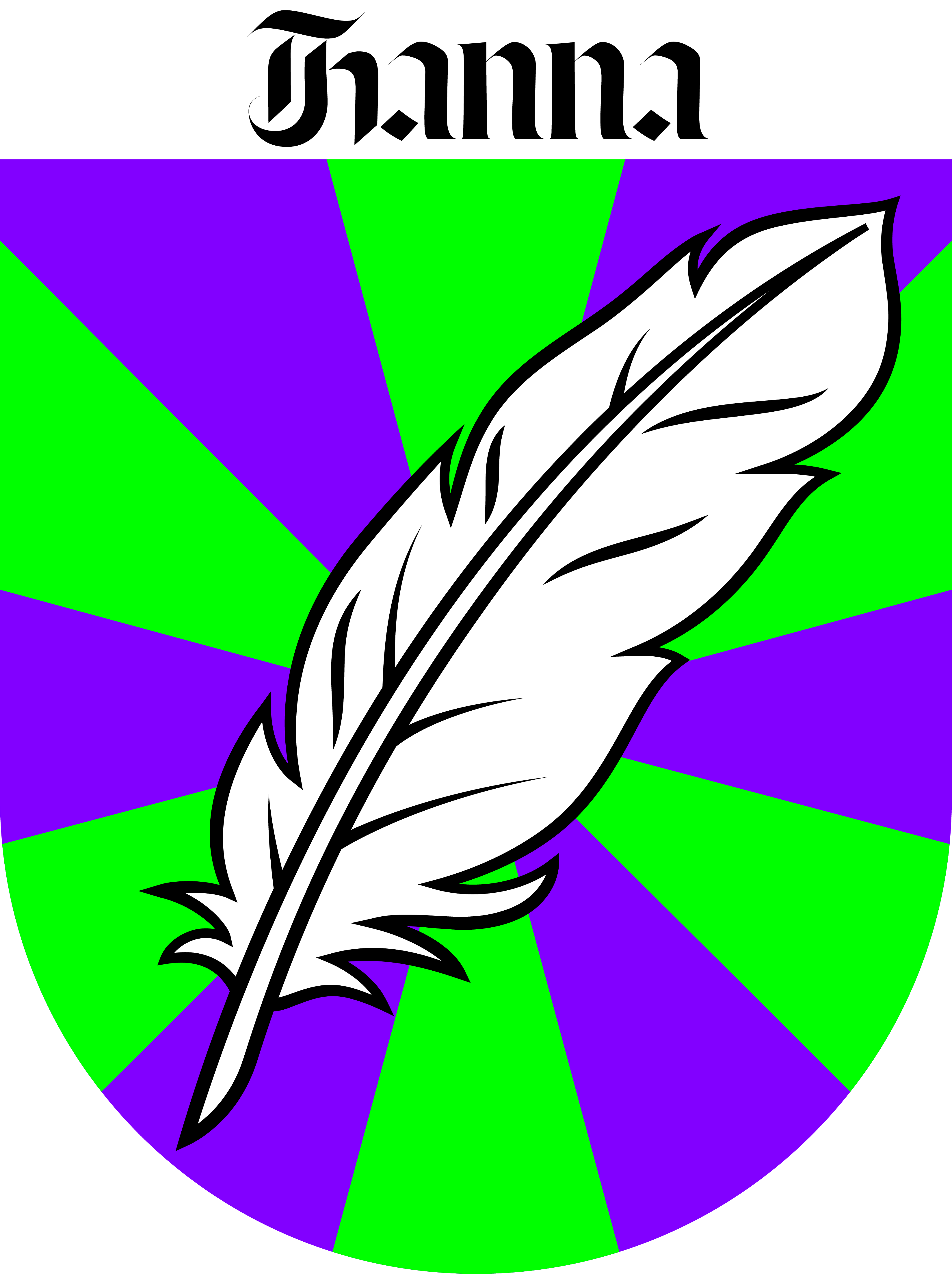 Shield with alternating bright green and purple rays and a large white feather in the center, topped by stylized black gothic text.