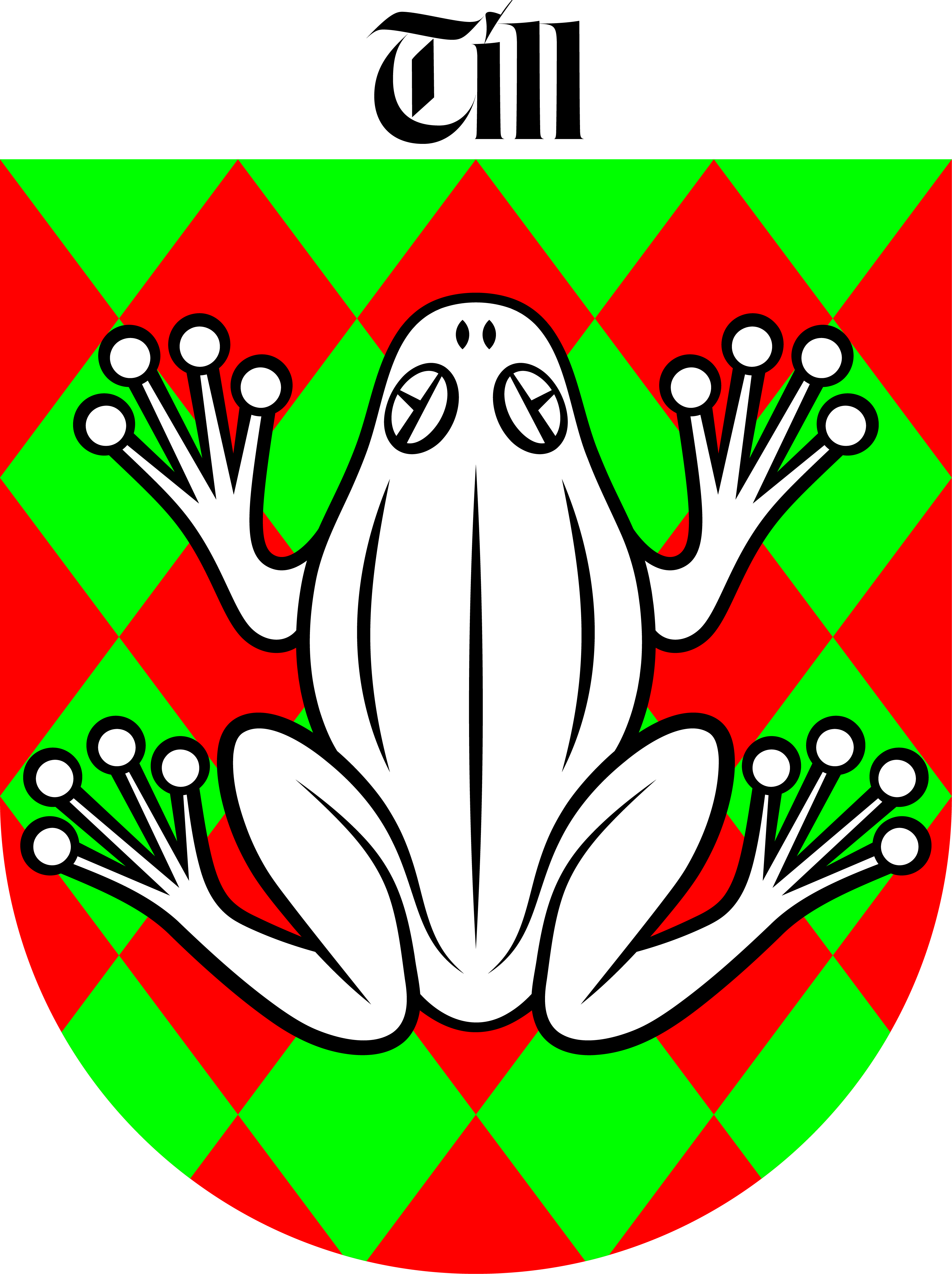 Heraldic shield with a white frog on a red and green checkered background and the word 'Till' above in black Gothic script.