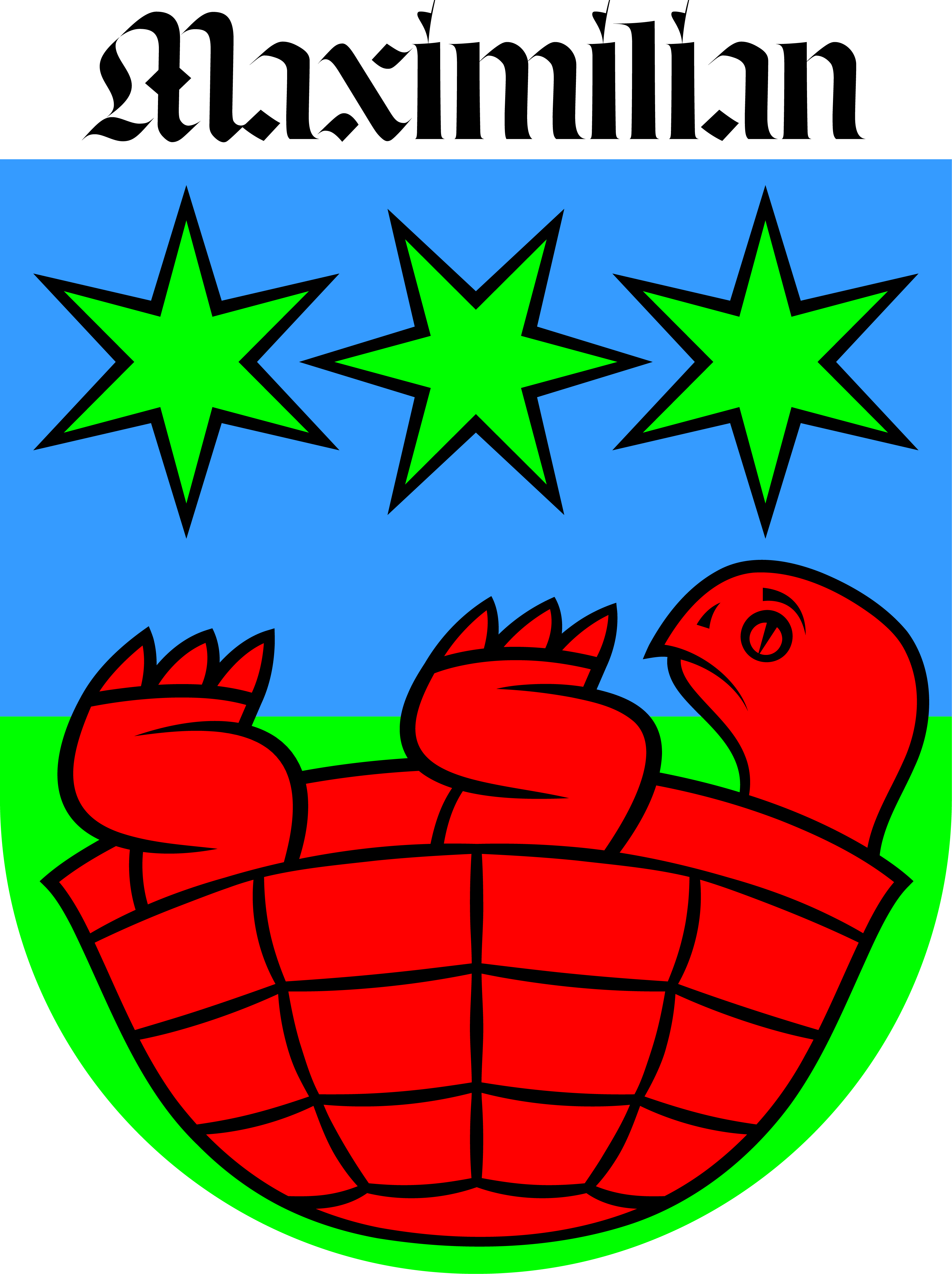 Coat of arms with three green stars on a blue background above a red turtle on a green field, with the name Maximilian in black gothic text above.