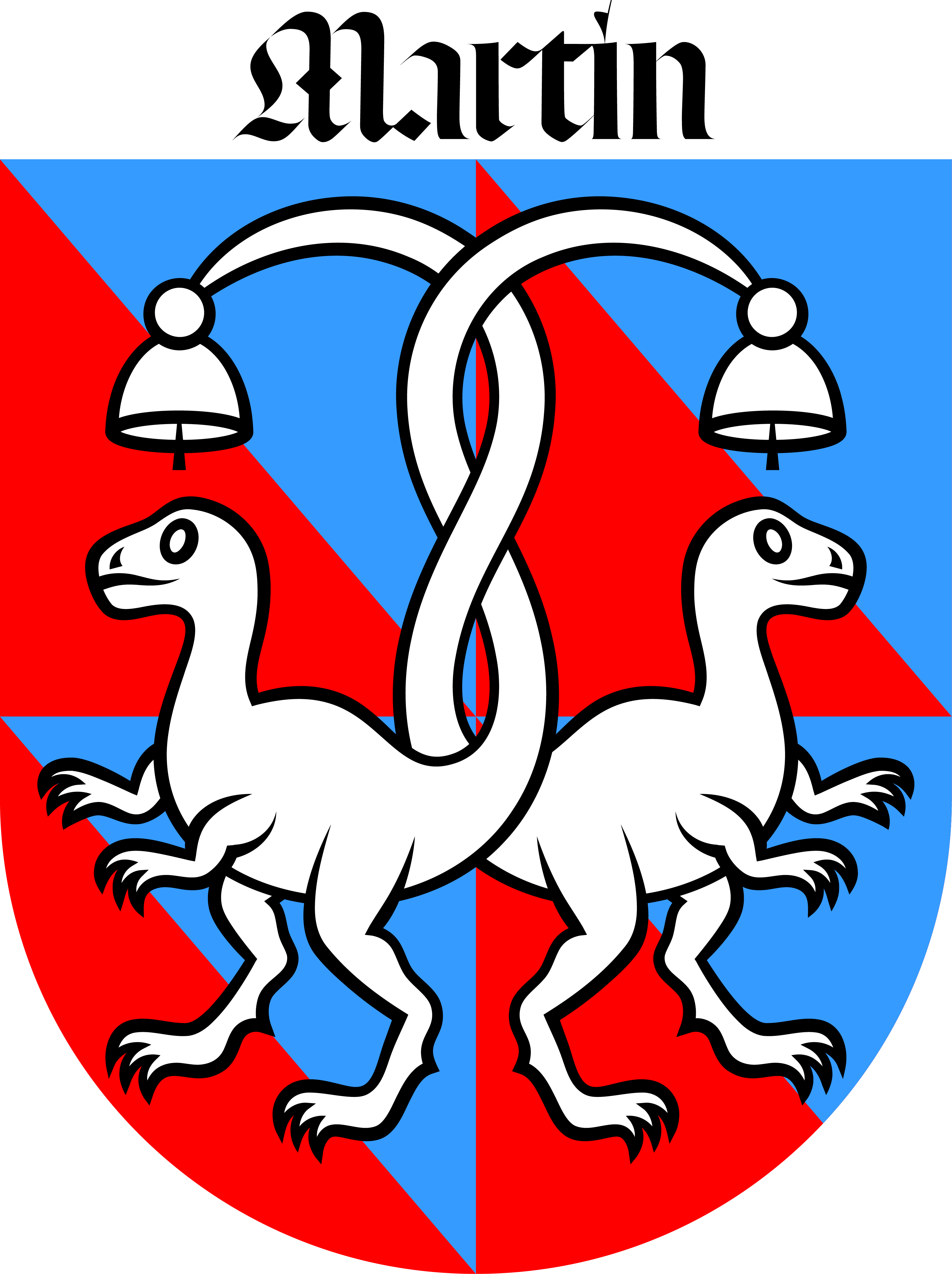 Coat of arms featuring two white raptors back to back with intertwined necks, each holding a bell, on a shield divided diagonally into red and blue sections, with the word 'Martin' above in black gothic script.