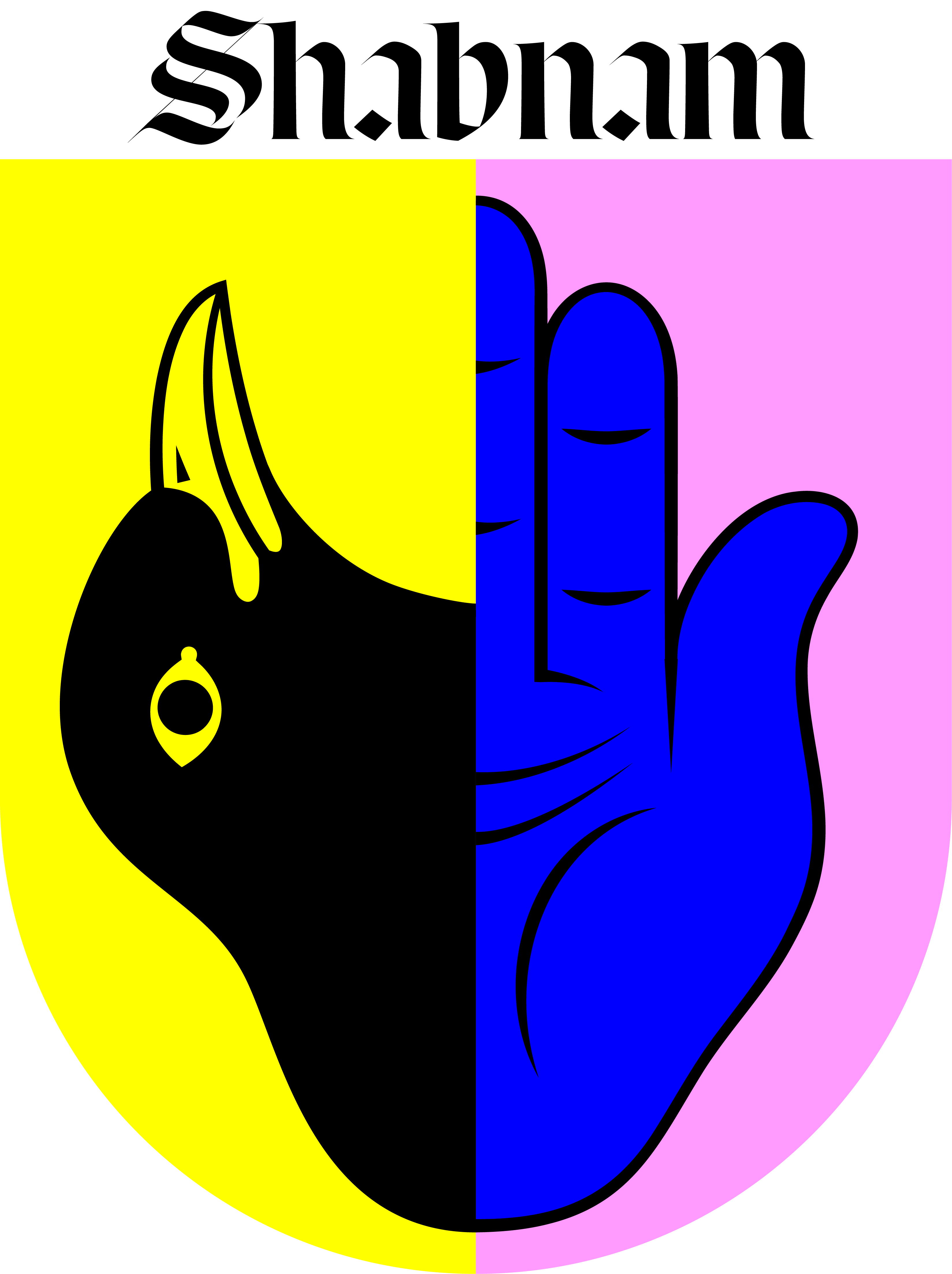 Shield divided vertically yellow and pink, with a black bird head on the left and a blue hand with raised fingers on the right.