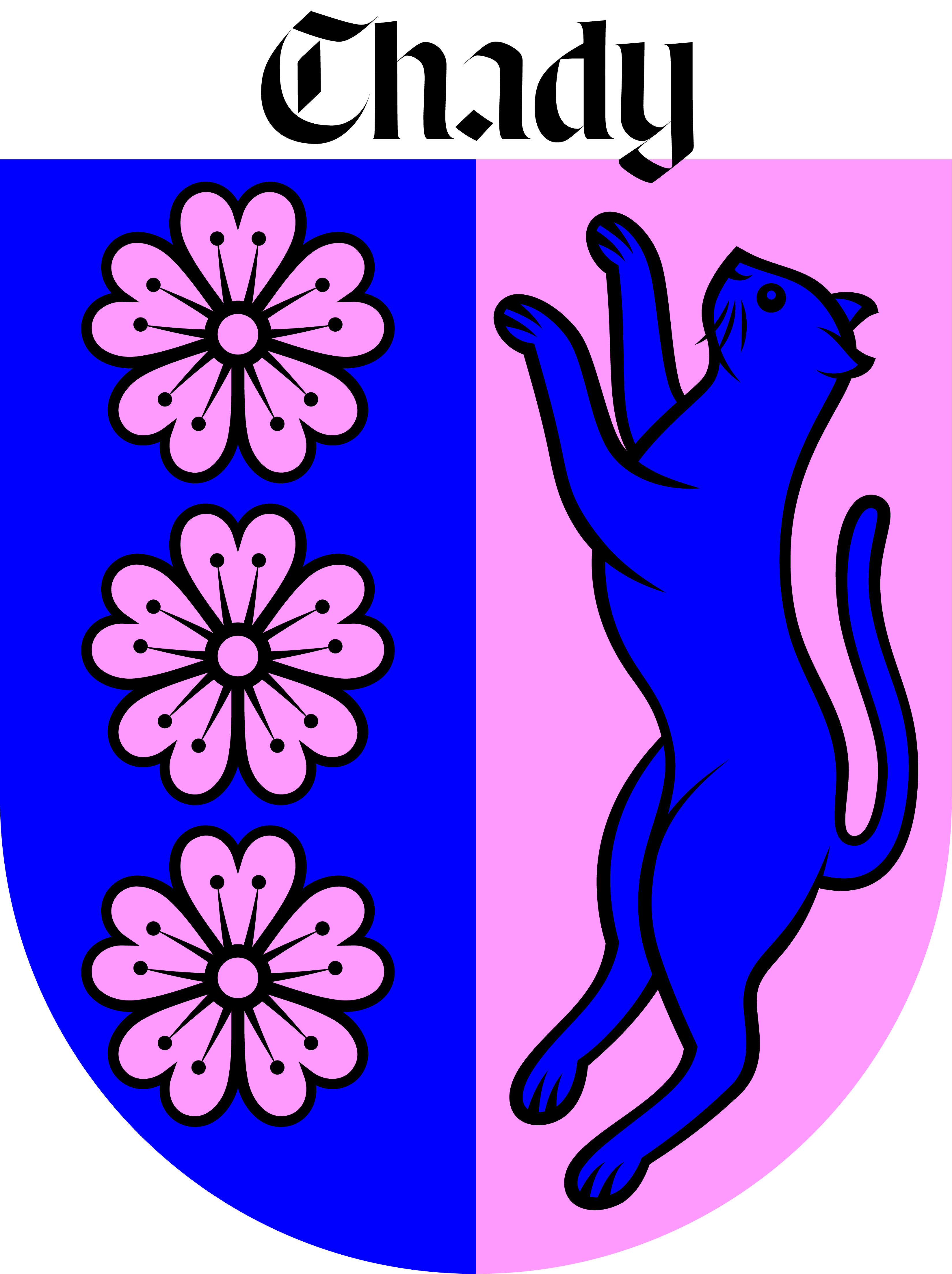 Coat of arms of Thady with three pink flowers on a blue background on the left and a blue cat standing on its hind legs on a pink background on the right.