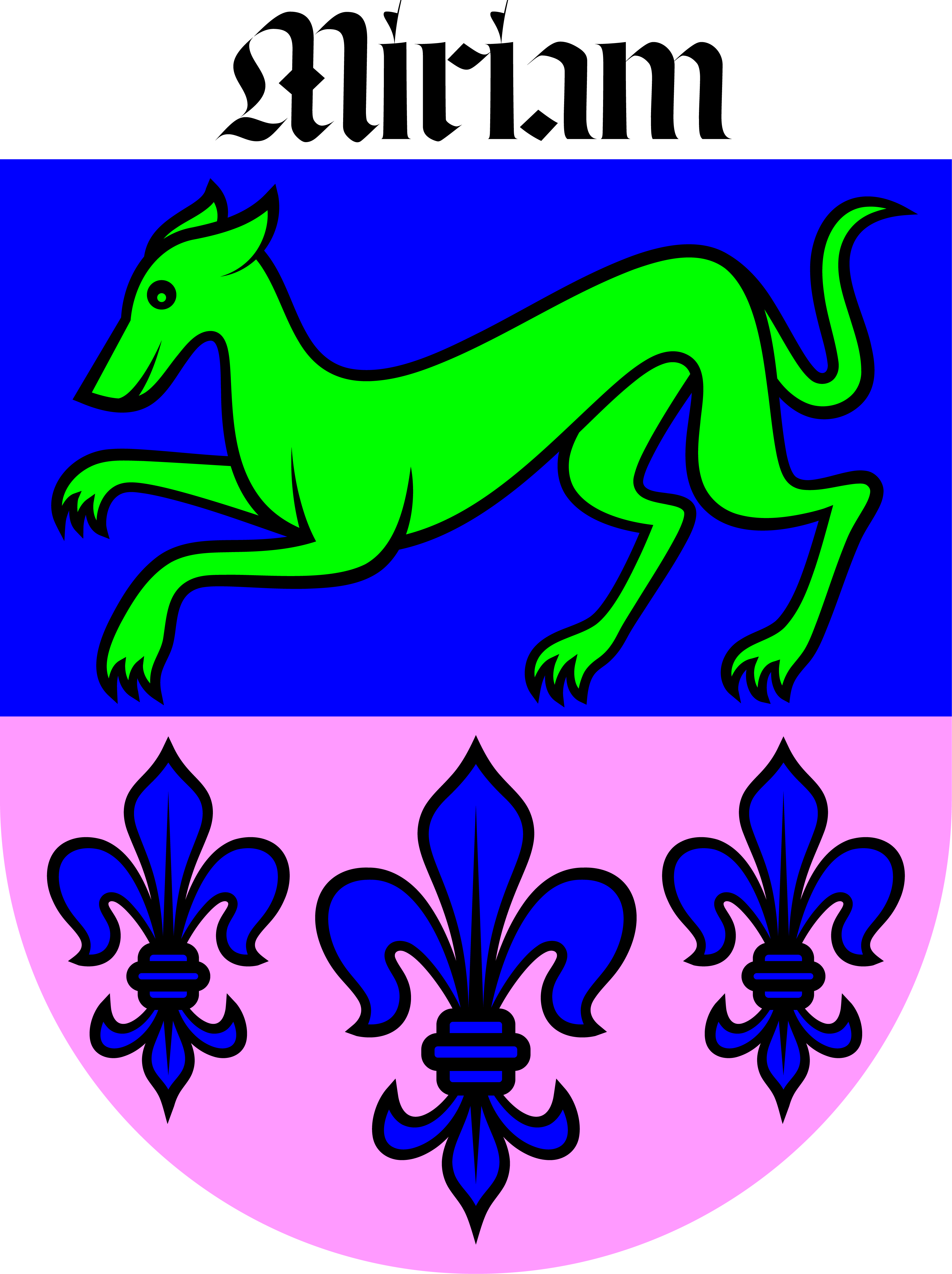 Heraldic shield with black text 'Miriam' on white background at top, green stylized dog on blue upper field, and three blue fleur-de-lis on pink lower field.