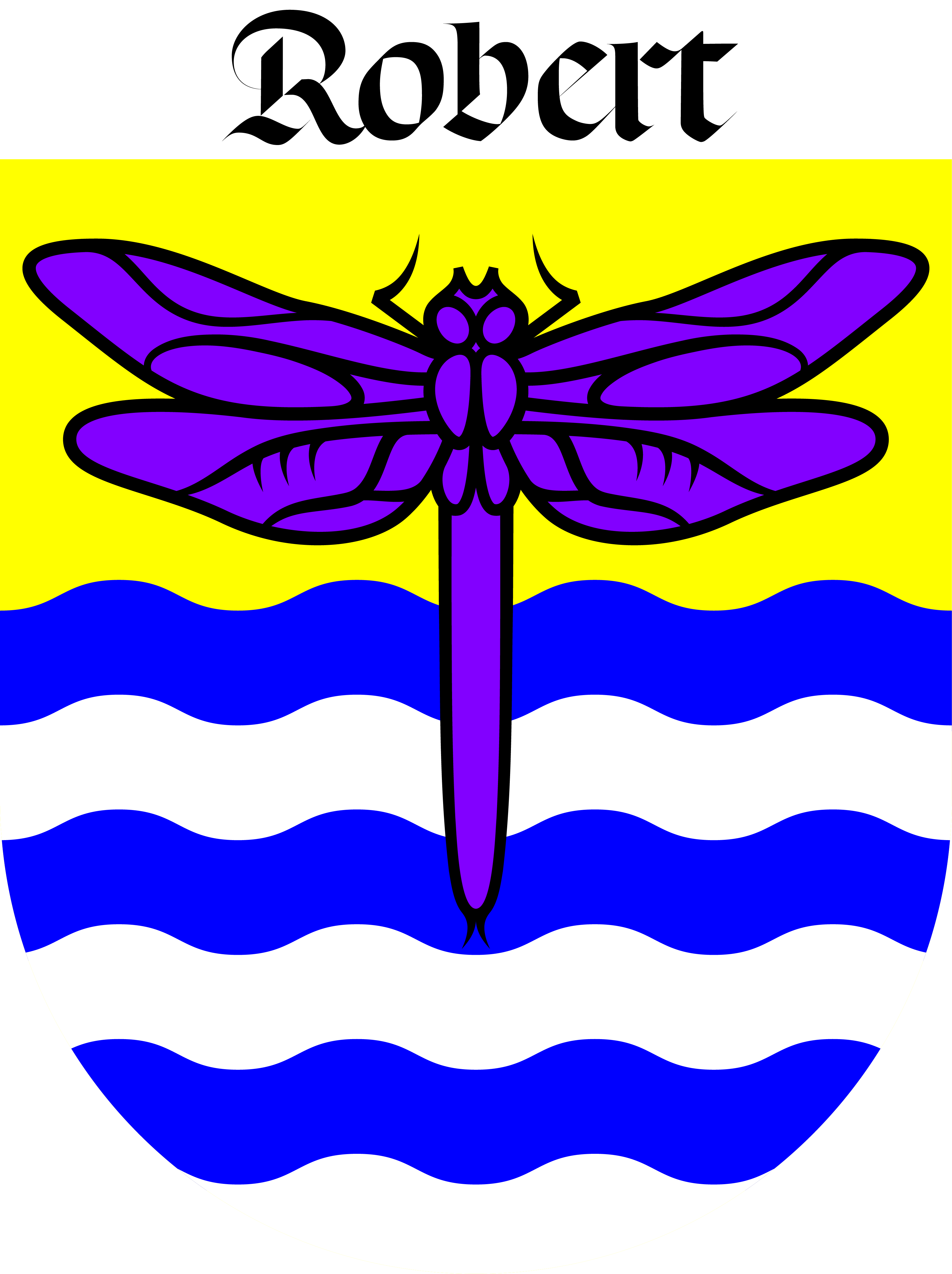 Coat of arms with a purple dragonfly on a yellow background above blue and white wavy stripes, topped with the text 'Robart' in black gothic font.