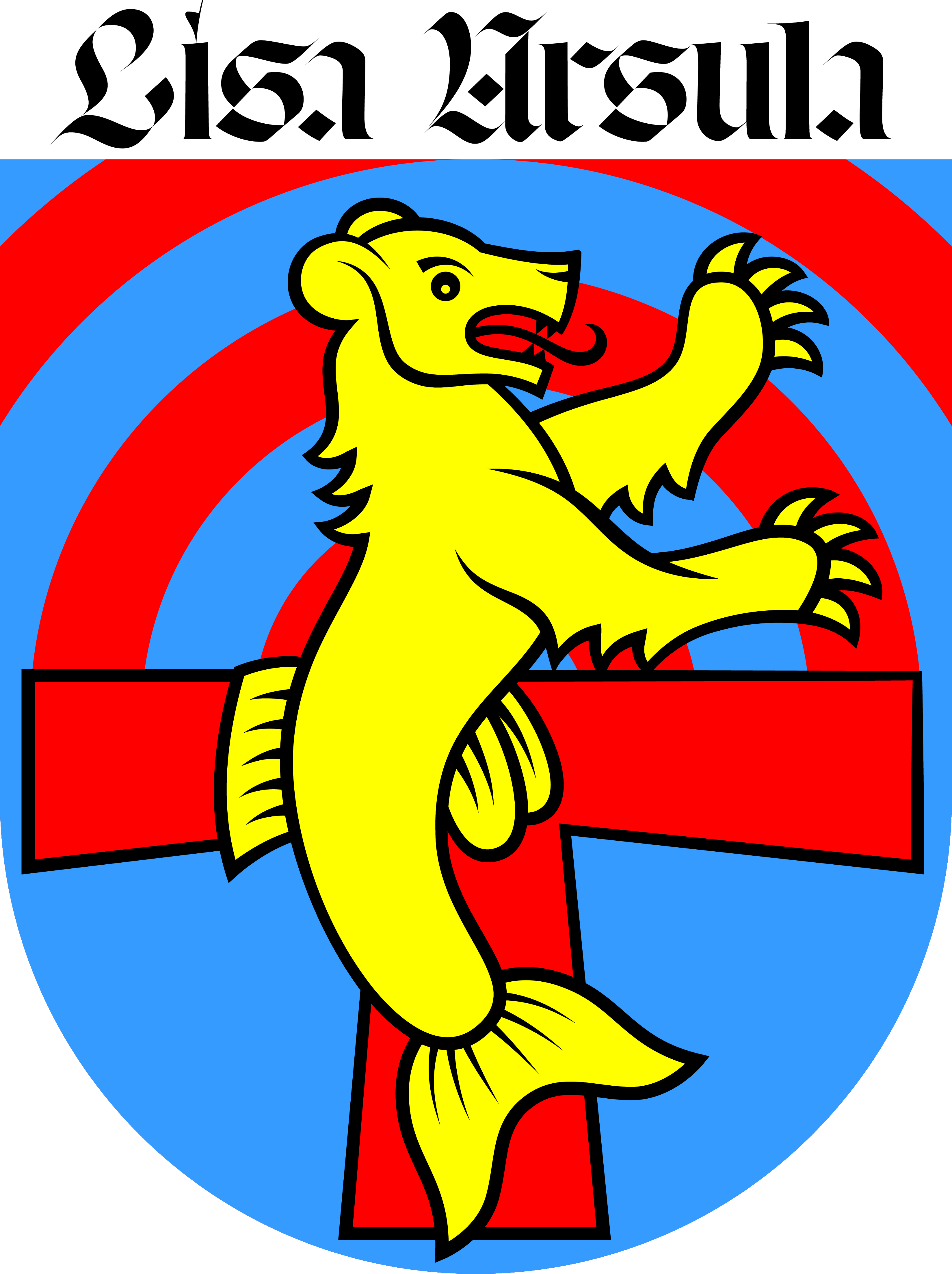 Yellow heraldic bear-fish creature with red tongue over a red cross, set on blue and red concentric circles background.