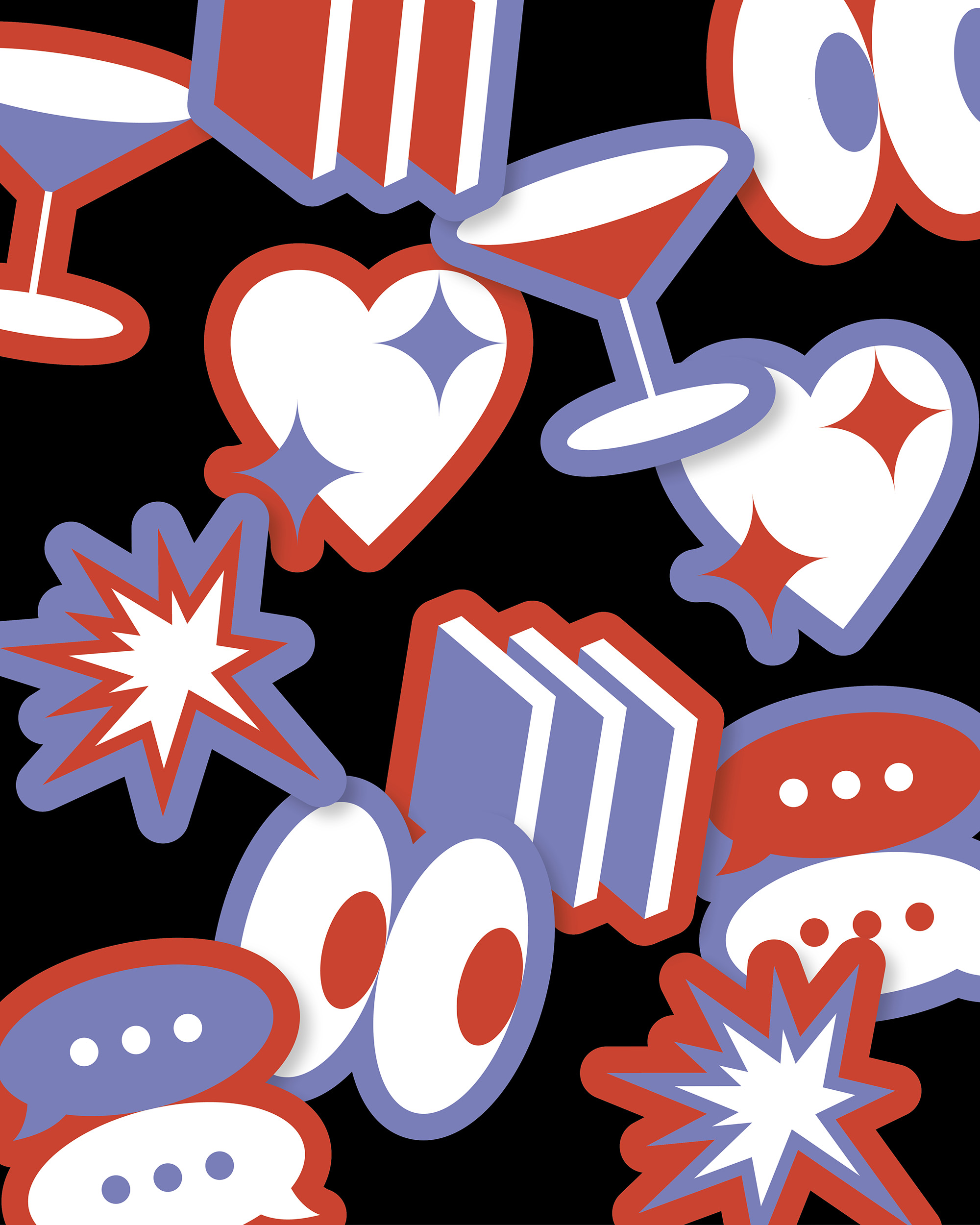 Pattern of stylized icons including hearts, sparkling stars, cocktail glasses, eyes, books, and chat bubbles in red, white, and purple on a black background.