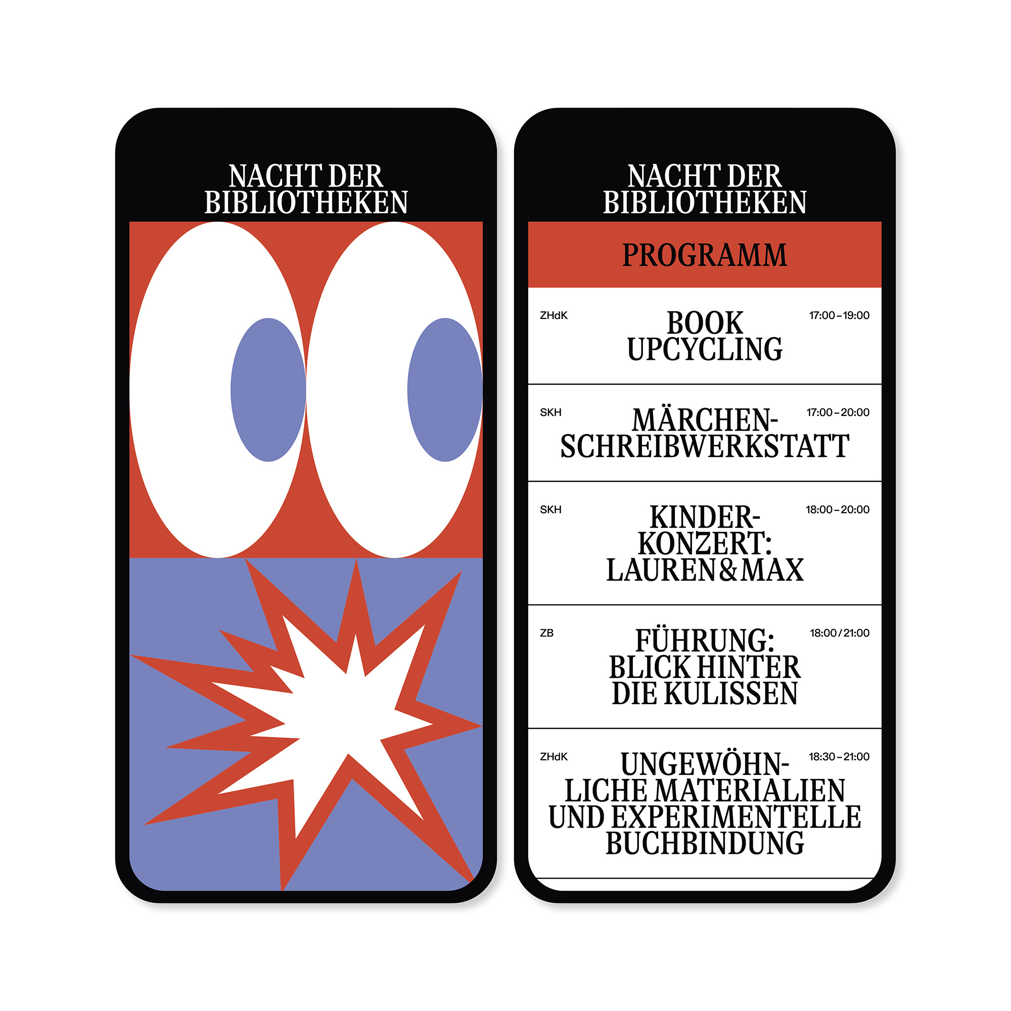 Two smartphone screens side by side showing 'Nacht der Bibliotheken' event; left screen with the home screen, right screen listing the event schedule with times and activities.
