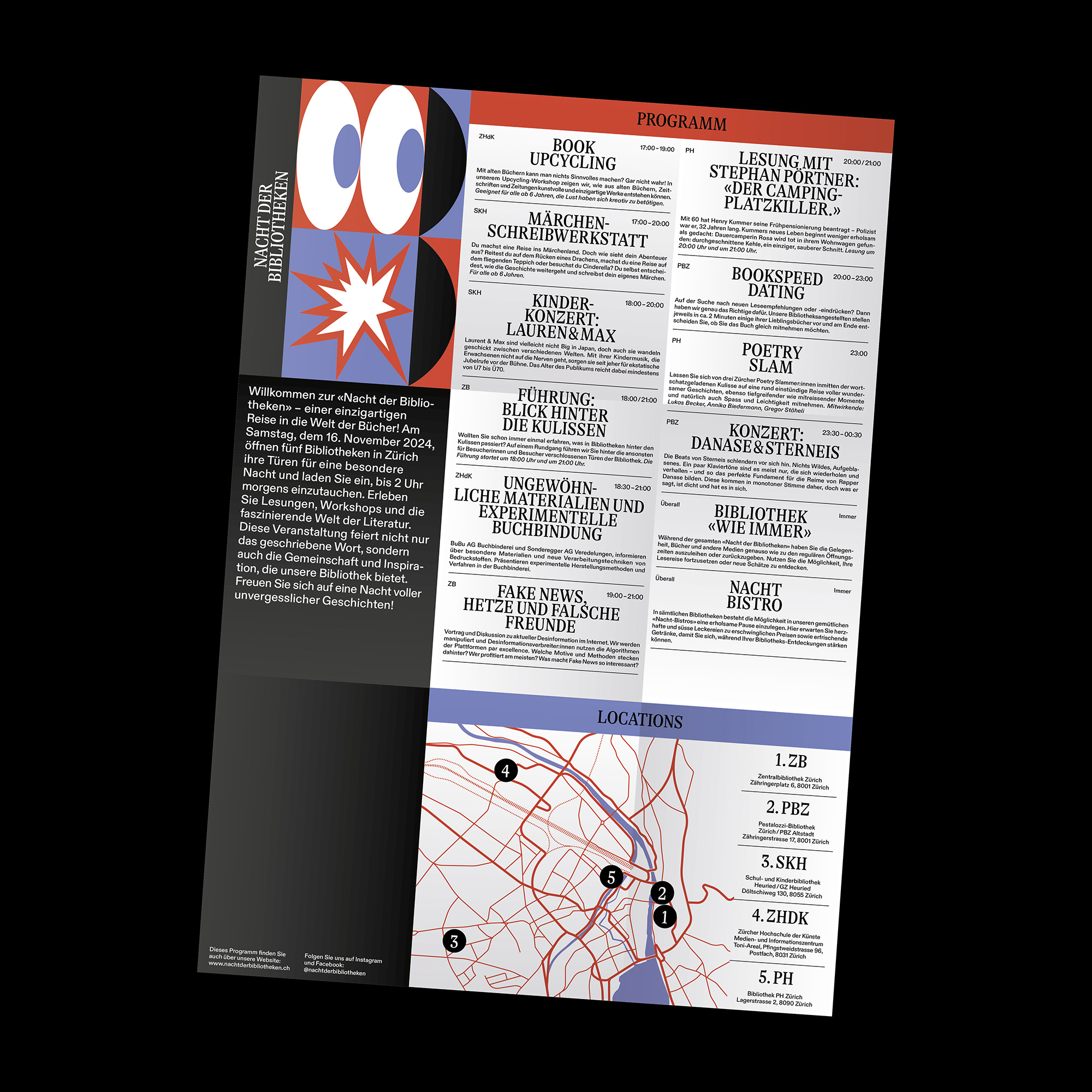 Flyer for 'Nacht der Bibliotheken' event in Zurich on November 16, 2024, listing workshops, readings, concerts, and locations with a map.