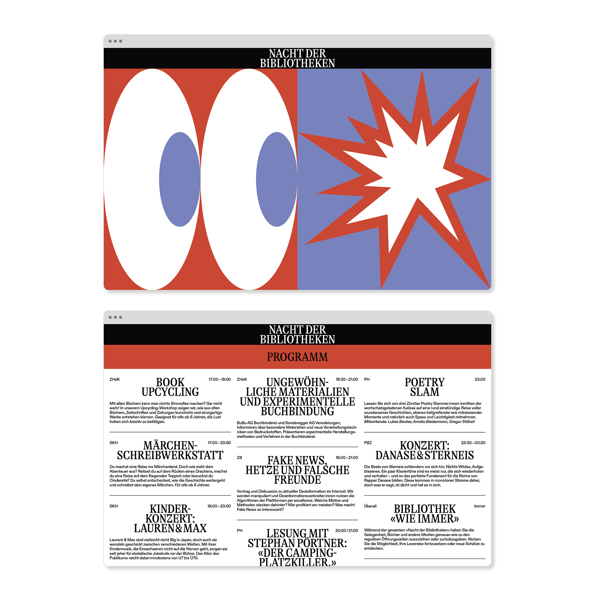 Nacht der Bibliotheken event poster with large stylized eyes on left and starburst shape on right, plus program schedule listing workshops, concerts, poetry slam, and readings.