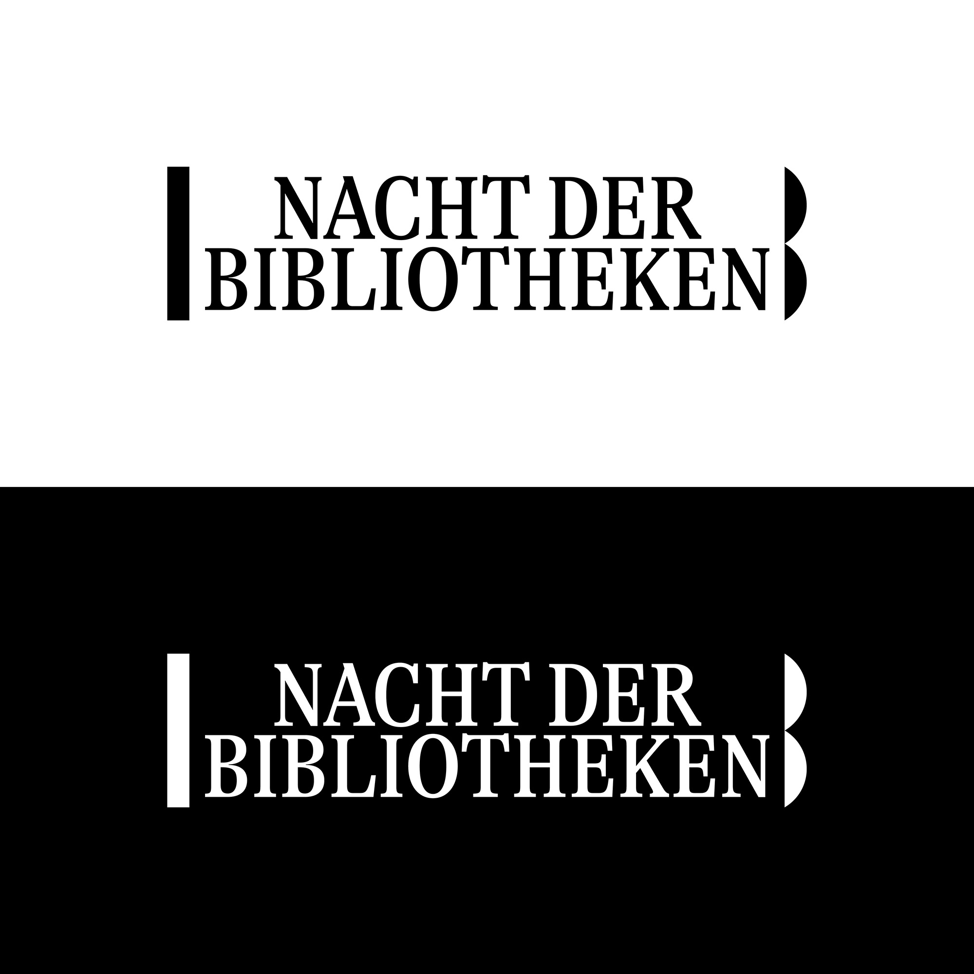 Logo with the text 'Nacht der Bibliotheken' shown in black on a white background and in white on a black background with vertical bar and bracket shapes.