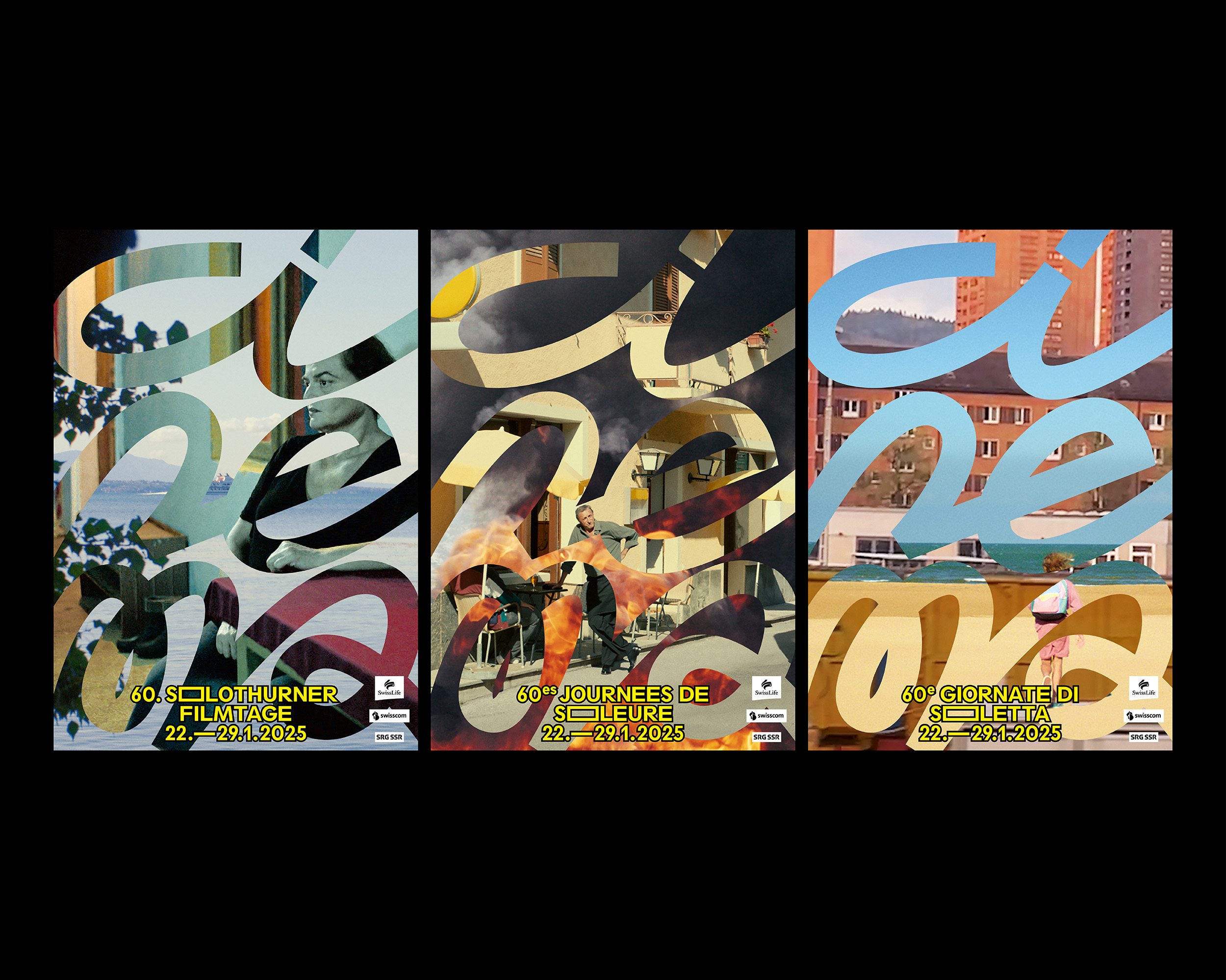 Triptych posters for the 60th Solothurn Film Festival, each with large stylized text overlay and different background images: woman looking out window by a lake, man near café with smoke and fire, child walking on basketball court near apartment buildings.