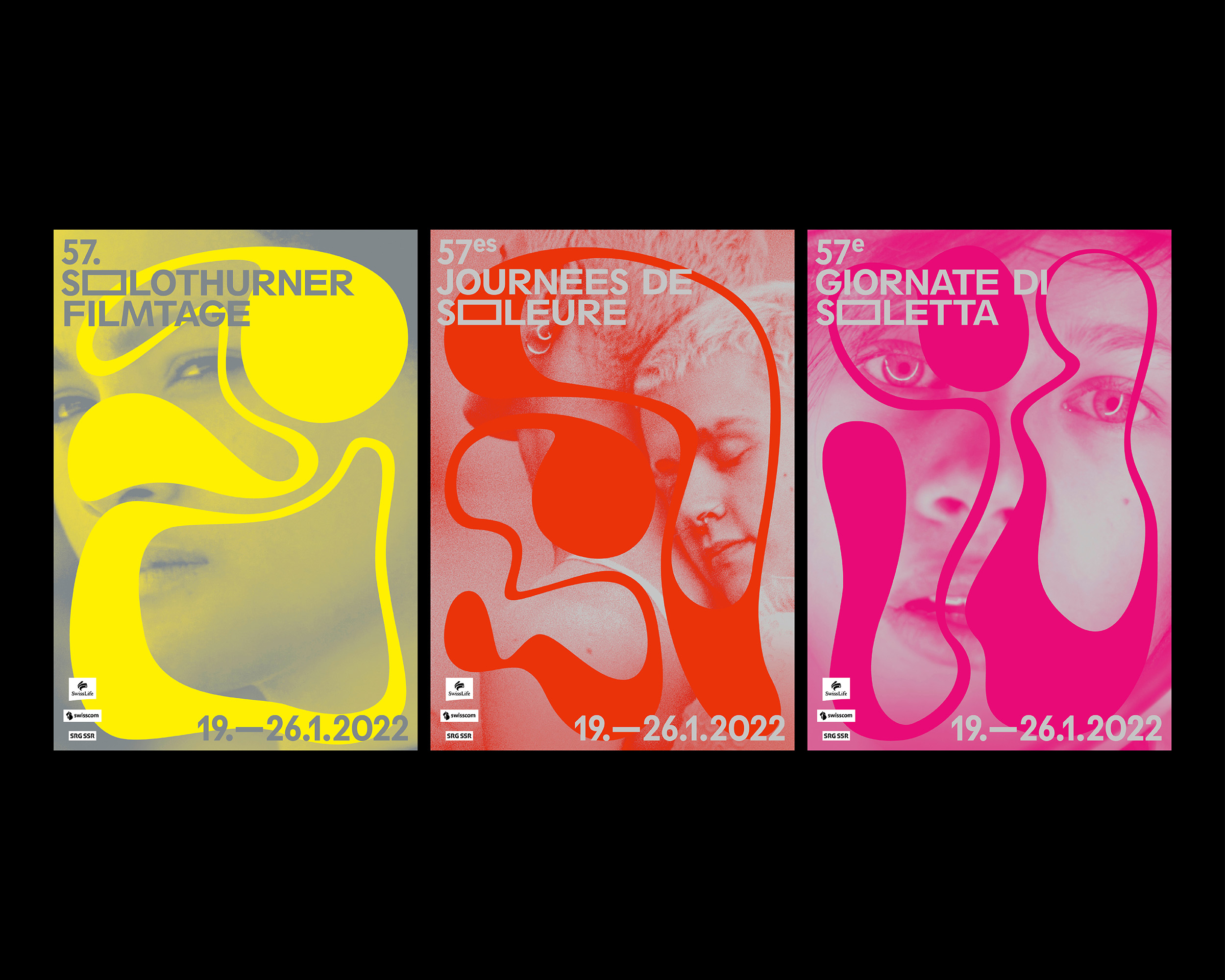 Triptych of colorful posters with abstract shapes overlaying close-up portraits of faces, promoting the 57th Solothurn Film Festival from January 19 to 26, 2022 in German, French, and Italian.