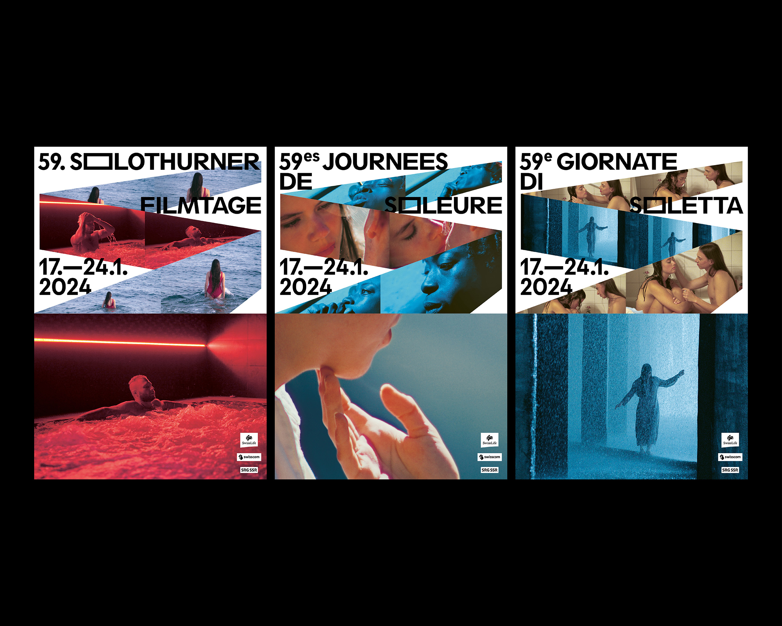 Triptych film festival posters for 59th Solothurn Film Days showing scenes of people in water, close-up faces, and a silhouette in rain, dated January 17-24, 2024.