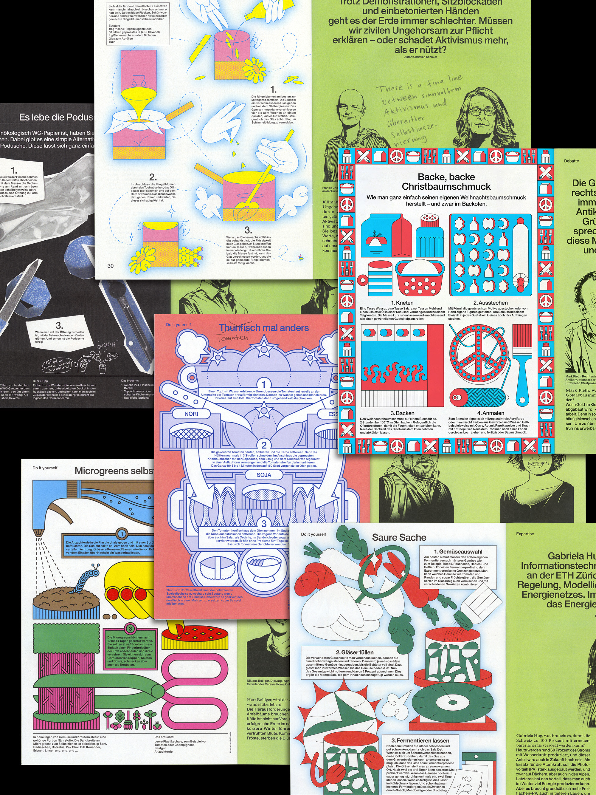 Collage of colorful infographic posters featuring DIY projects about microgreens, tuna recipes, Christmas tree decorations, and sustainable activism.