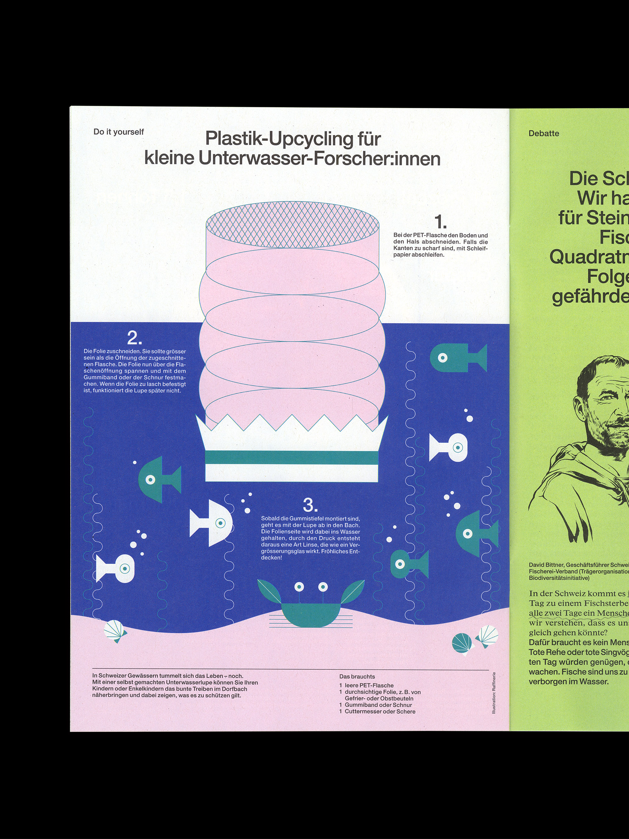 Illustrated DIY guide in German for upcycling a plastic bottle into a small underwater viewer with numbered steps and aquatic-themed graphics including fish and a crab.