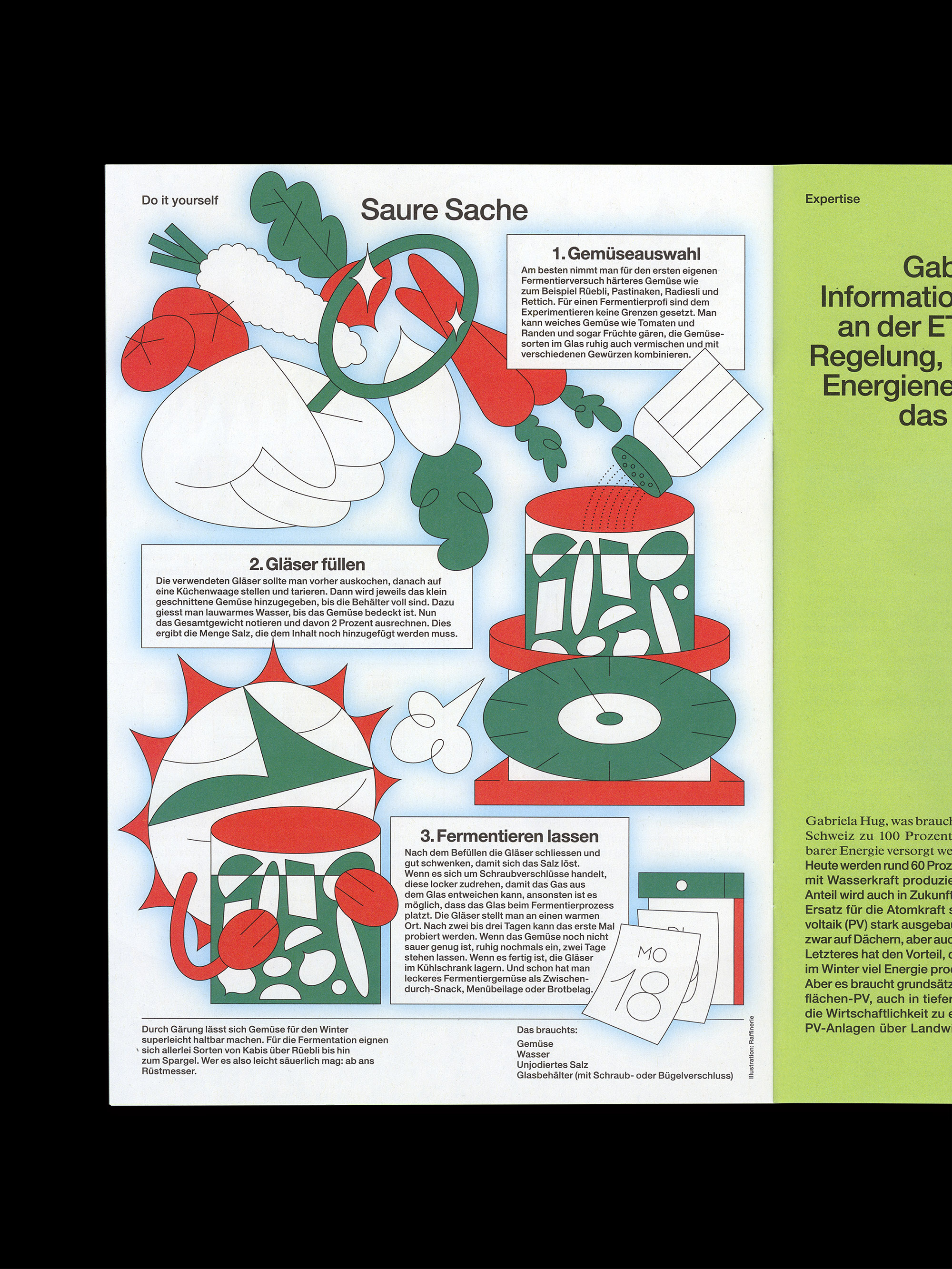 Illustration showing a step-by-step guide in German for making sour pickled vegetables, featuring drawings of vegetables, a weighing scale, a jar being filled and salted, and fermentation instructions.