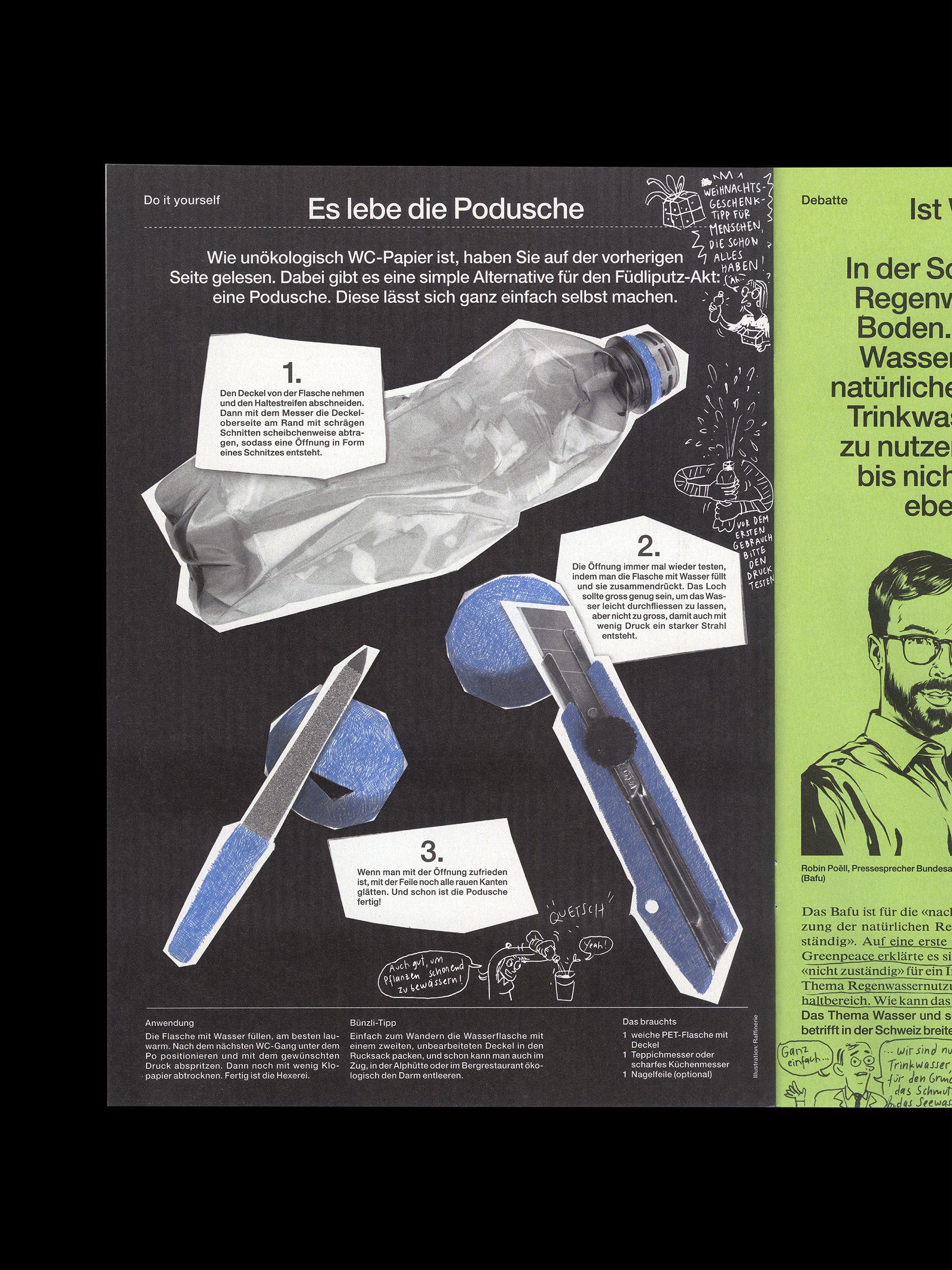 German DIY guide for making a portable bidet using a soft PET bottle, utility knife, and nail file with step-by-step instructions and illustrations.