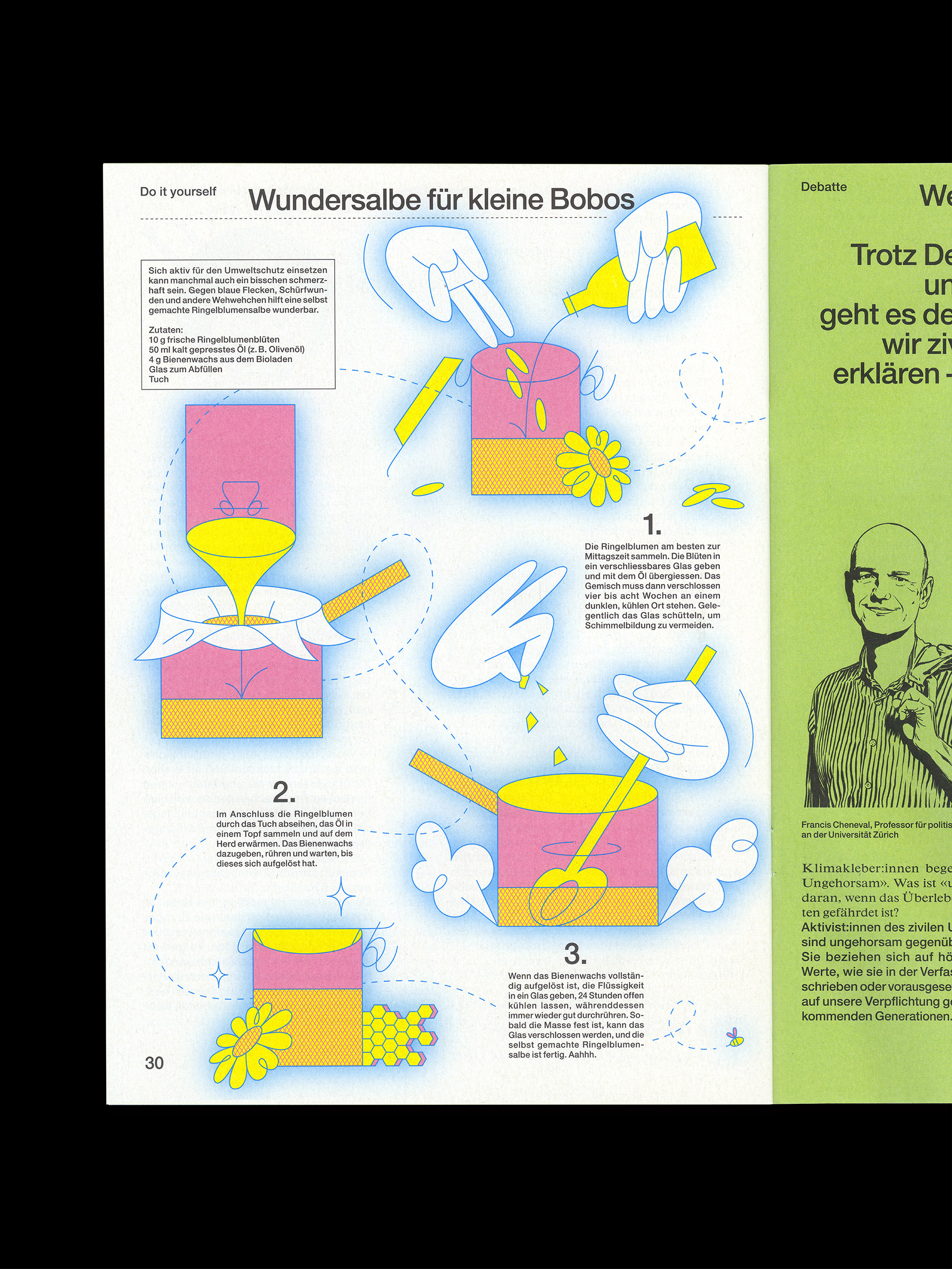 Illustrated step-by-step guide for making calendula ointment showing hands pouring oil, straining flowers, stirring melted beeswax, and storing the ointment in a jar.
