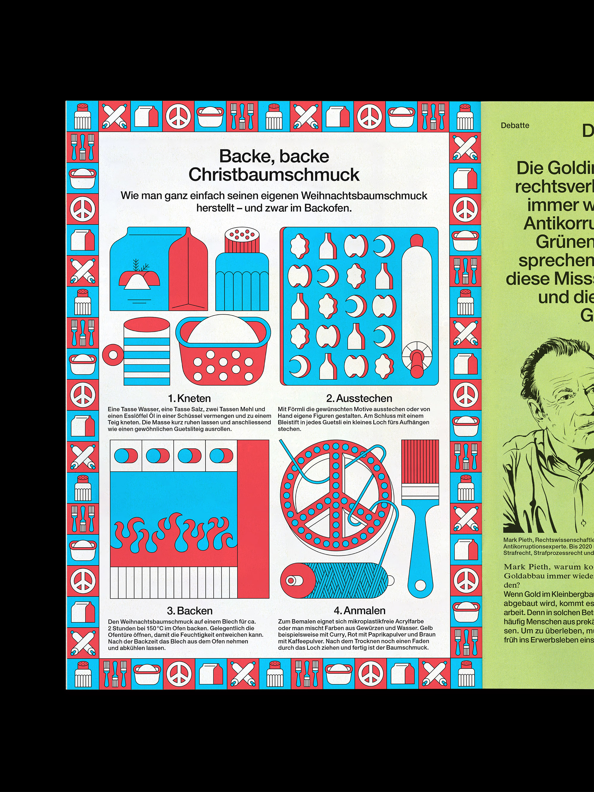 Infographic in German showing a step-by-step guide for making Christmas tree decorations with illustrations of ingredients, cookie cutting, baking, and painting tools.