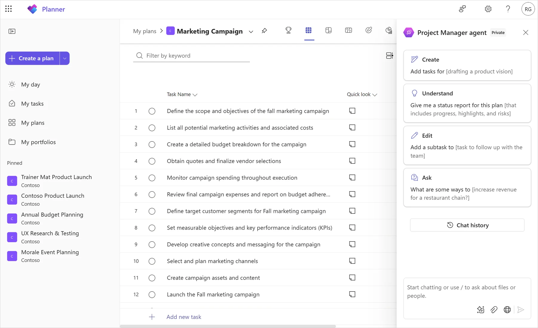 Plan projektu w Microsoft Planner w wersji premium z listą zadań kampanii i panelem agenta Project Manager