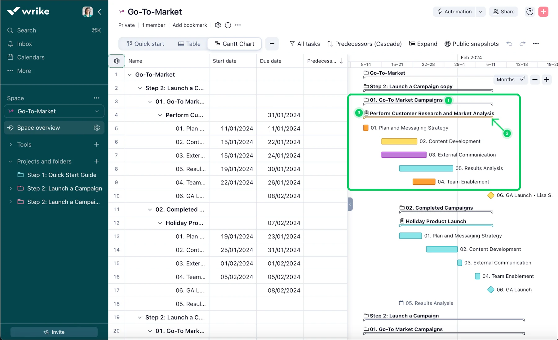 Widok wykresu Gantta we Wrike z listą zadań projektu Go-To-Market