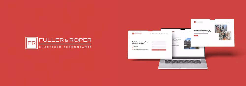 Fuller & Roper Chartered Accountants logo on red background with a laptop displaying three overlapping website pages.