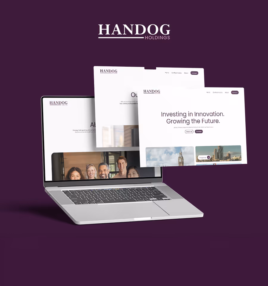 Open laptop displaying multiple overlapping web pages from Handog Holdings with slogan 'Investing in Innovation. Growing the Future.'