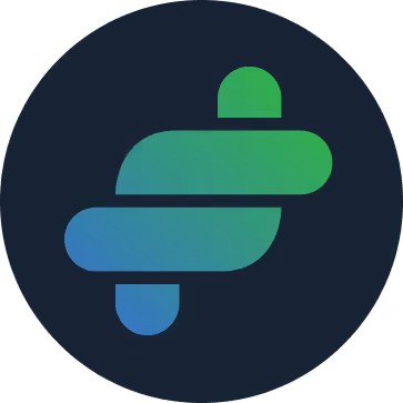 Abstract green and blue gradient icon with layered curved shapes on a dark circular background.
