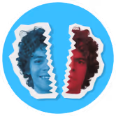 Blue circular icon with a torn photo effect splitting a young man's face into a blue left half and a red right half.