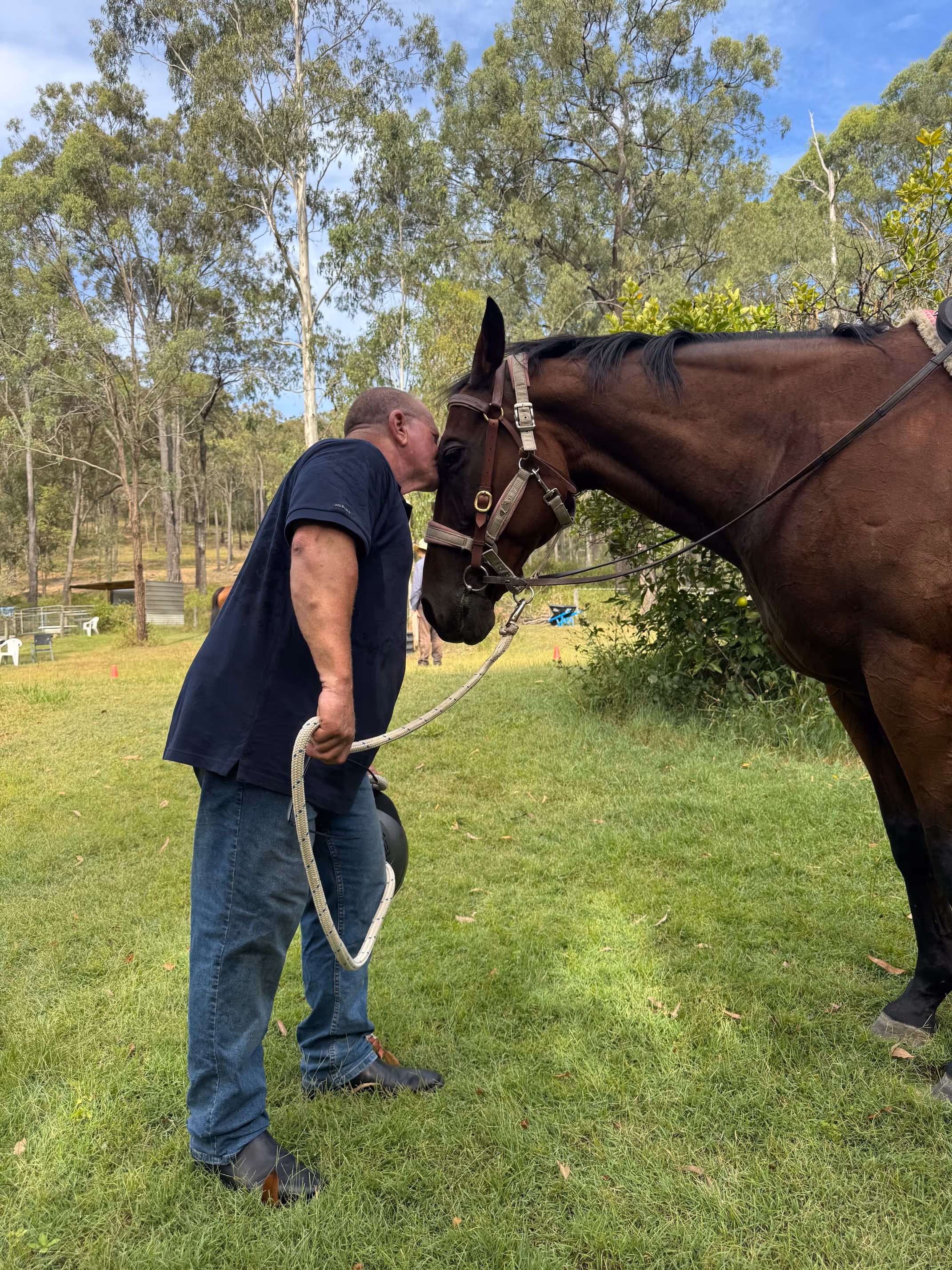 Man in blue shirt and jeans gently touching his forehead to a brown horse's forehead in a grassy area with trees in the background.
