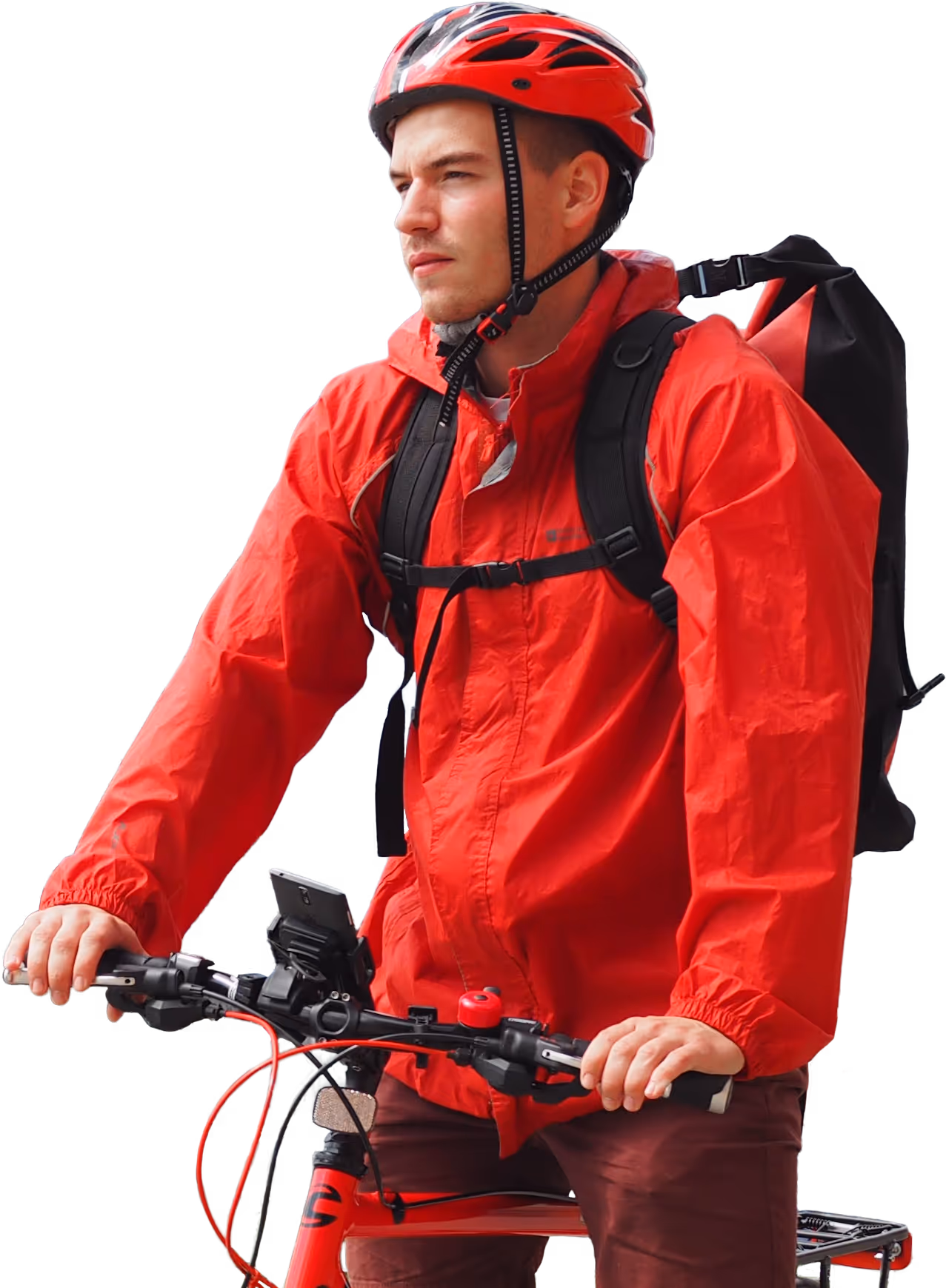 Male delivery cyclist wearing a red jacket and helmet with a backpack, holding bicycle handlebars.