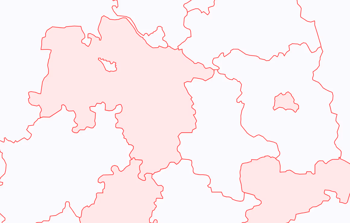 Map of Germany showing different regions outlined in red with some regions filled in light pink.
