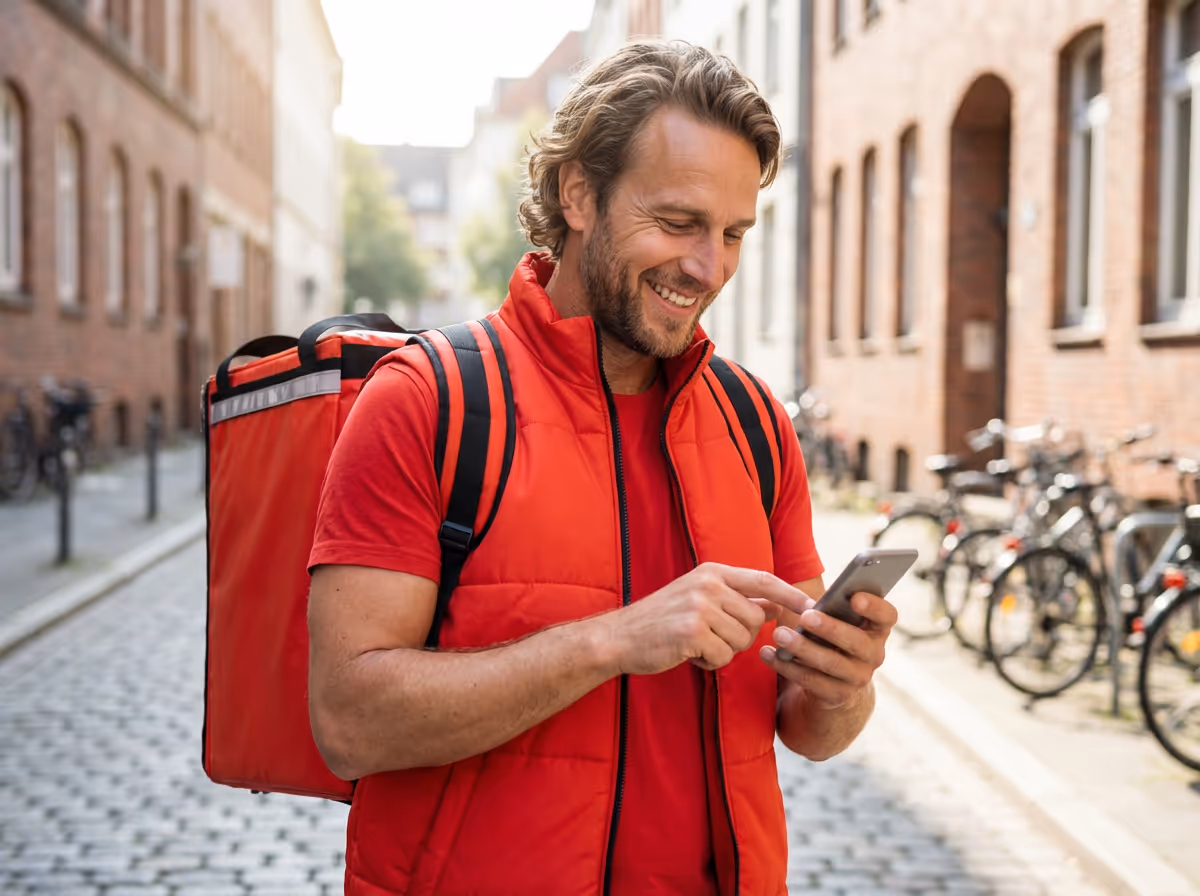 Smiling courier wearing a red vest and backpack checks a smartphone on a cobblestone street with bicycles in the background.