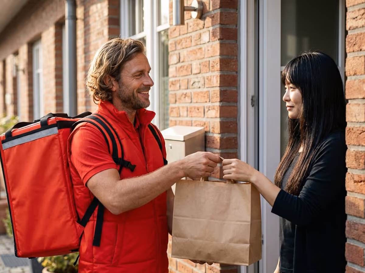 Smiling delivery man in red uniform handing a paper bag to a woman at her doorstep.