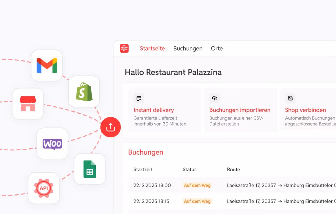 Benutzeroberfläche des Kundenportals mit Optionen für Sofortlieferung, Buchungsimport und Shop-Verbindung sowie gezeigten Buchungen mit Status 'Auf dem Weg'.