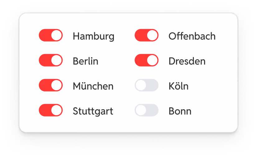 Liste mit aktivierten und deaktivierten Schaltern für die Städte Hamburg, Berlin, München, Stuttgart, Offenbach, Dresden, Köln und Bonn.