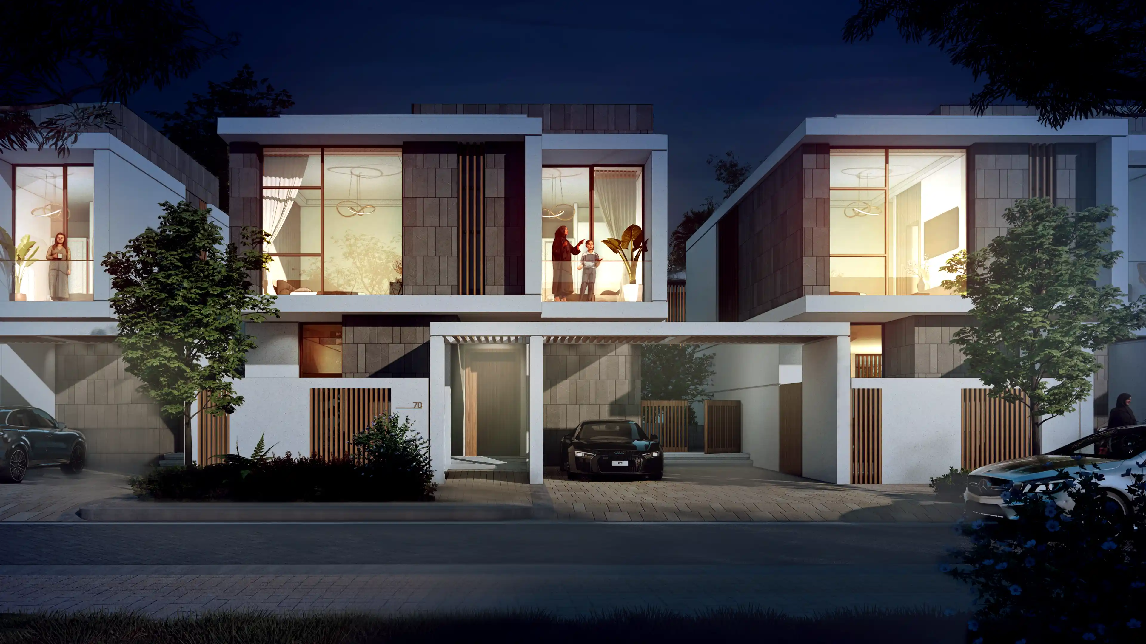 Nighttime view of villa Identification at Danah Bay Development in Ras Al-Khaimah, designed by LIMAH