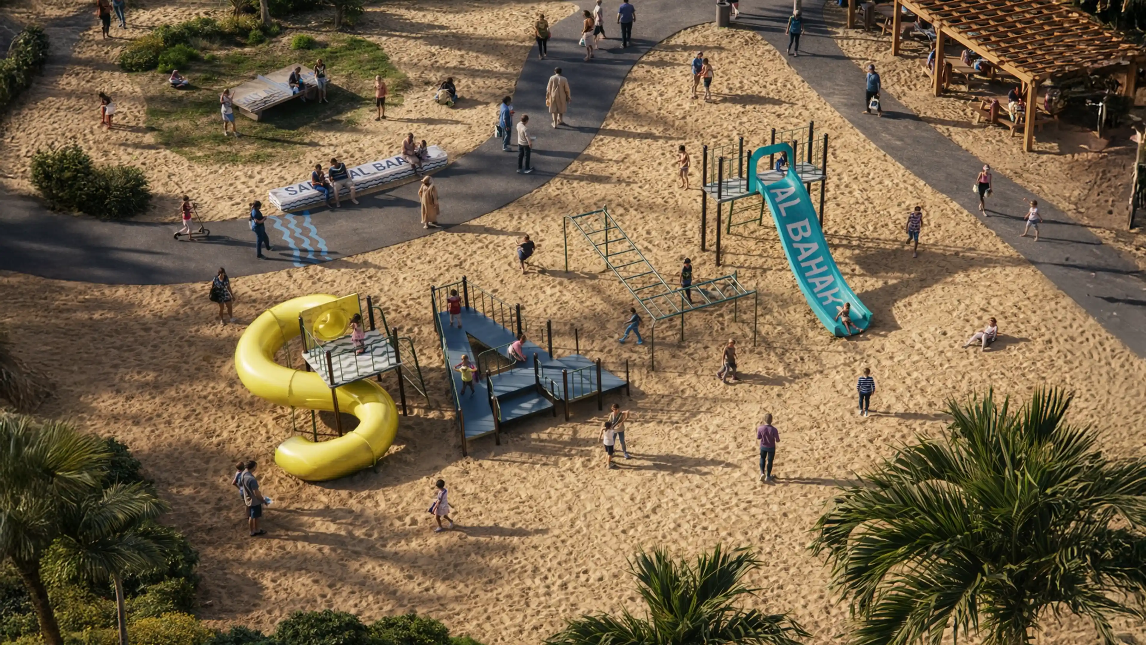 Families and children enjoying LIMAH's experiential branded playground and integrated public art installation at Salt Al Bahar