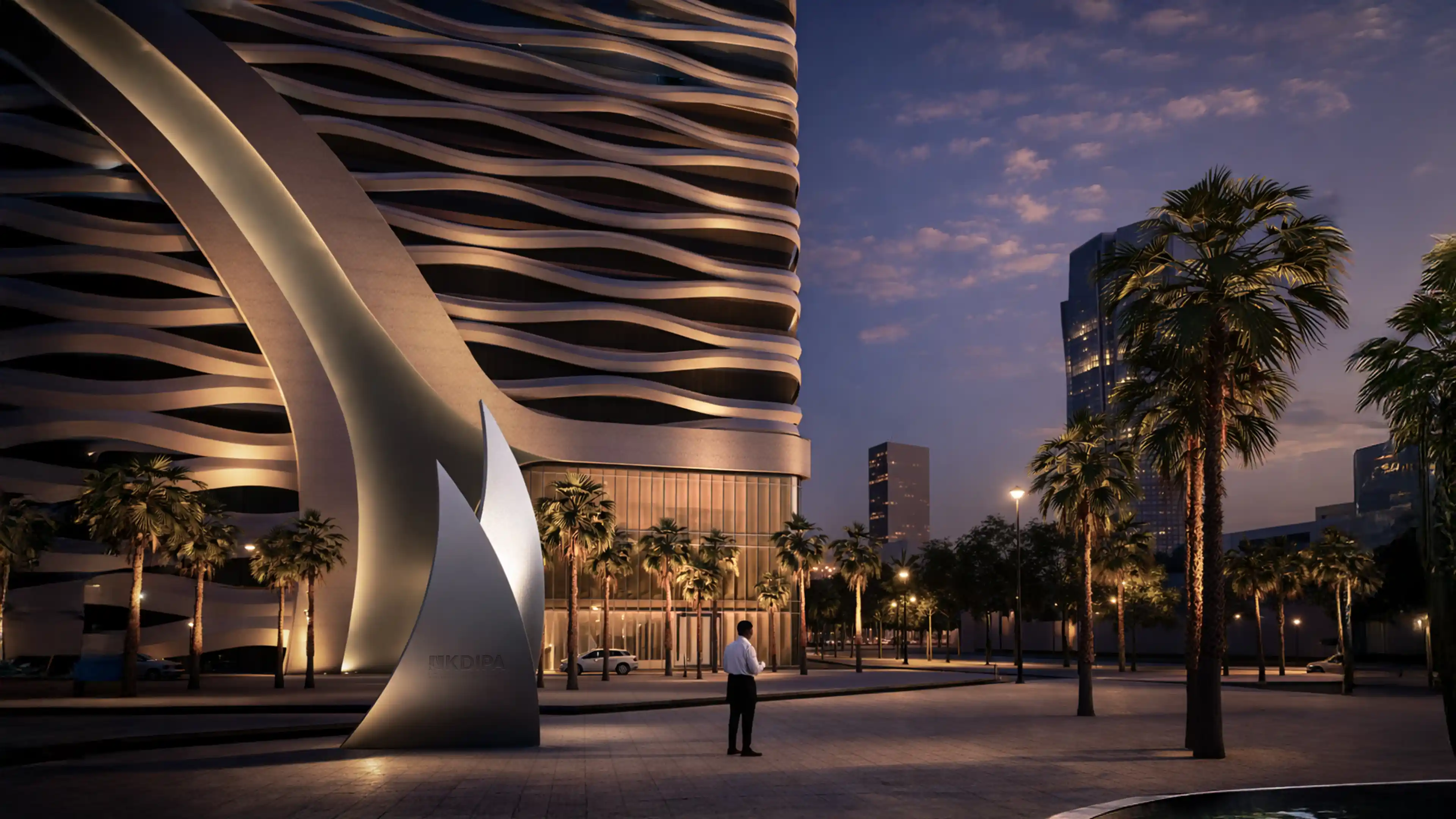 Main Identification Signage for the KDIPA Headquarters in Kuwait City, by LIMAH, at nighttime
