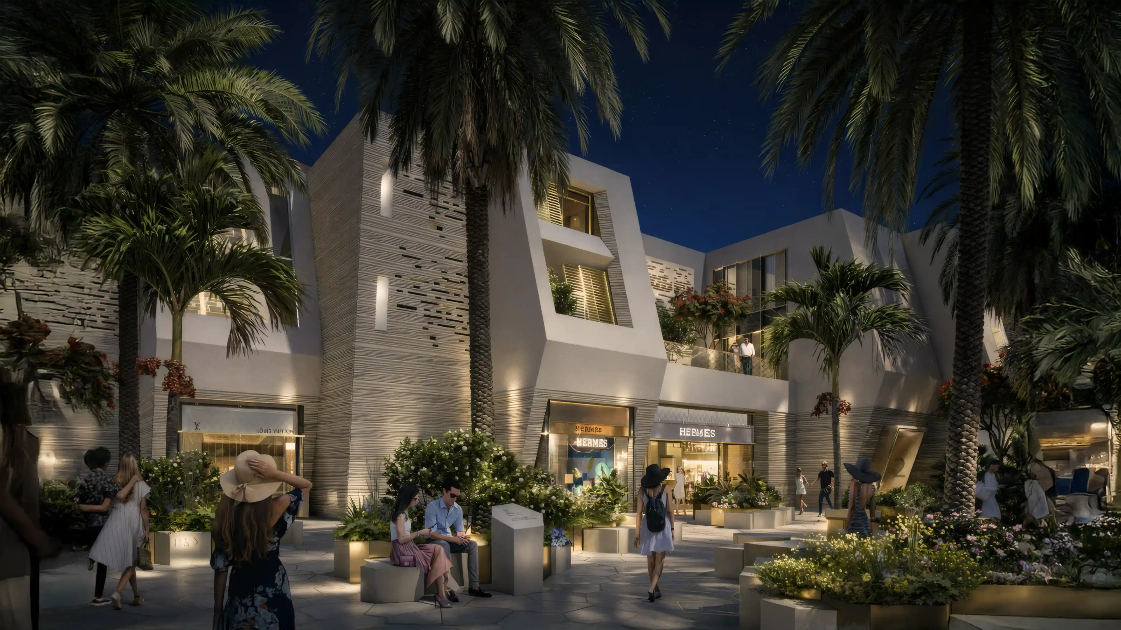 Planter Directional Signage at Marina Village, by LIMAH, at nighttime