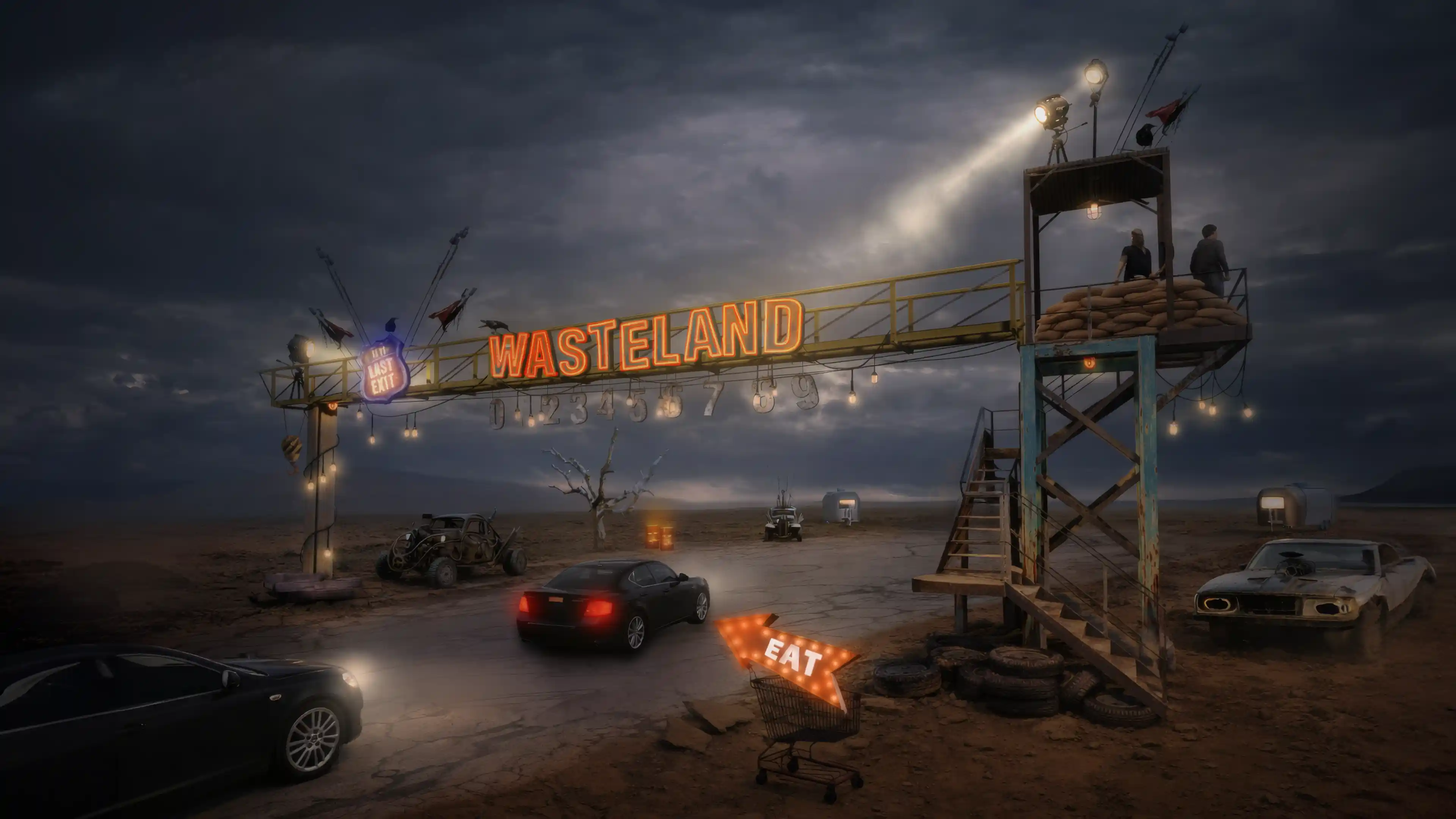 Themed signage for Last Exit at nighttime, between Dubai and Abu Dhabi, by LIMAH