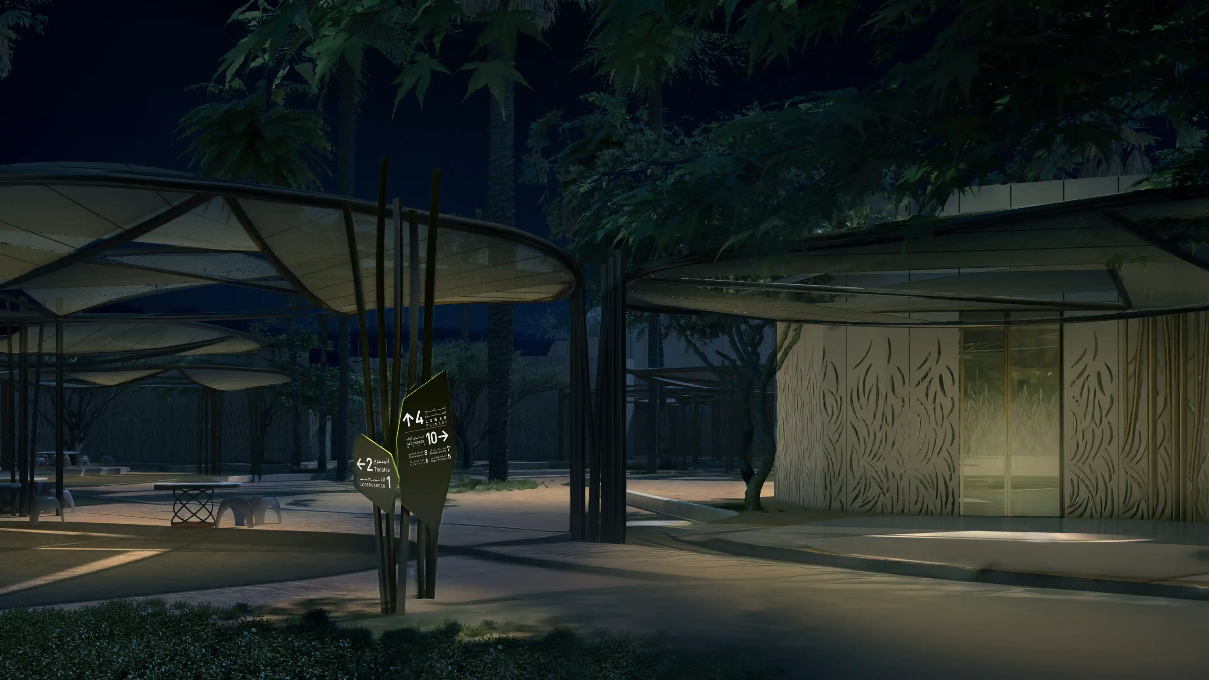 Pedestrian Directional Signage at Dar Al Marefa in Dubai at nighttime, designed by LIMAH